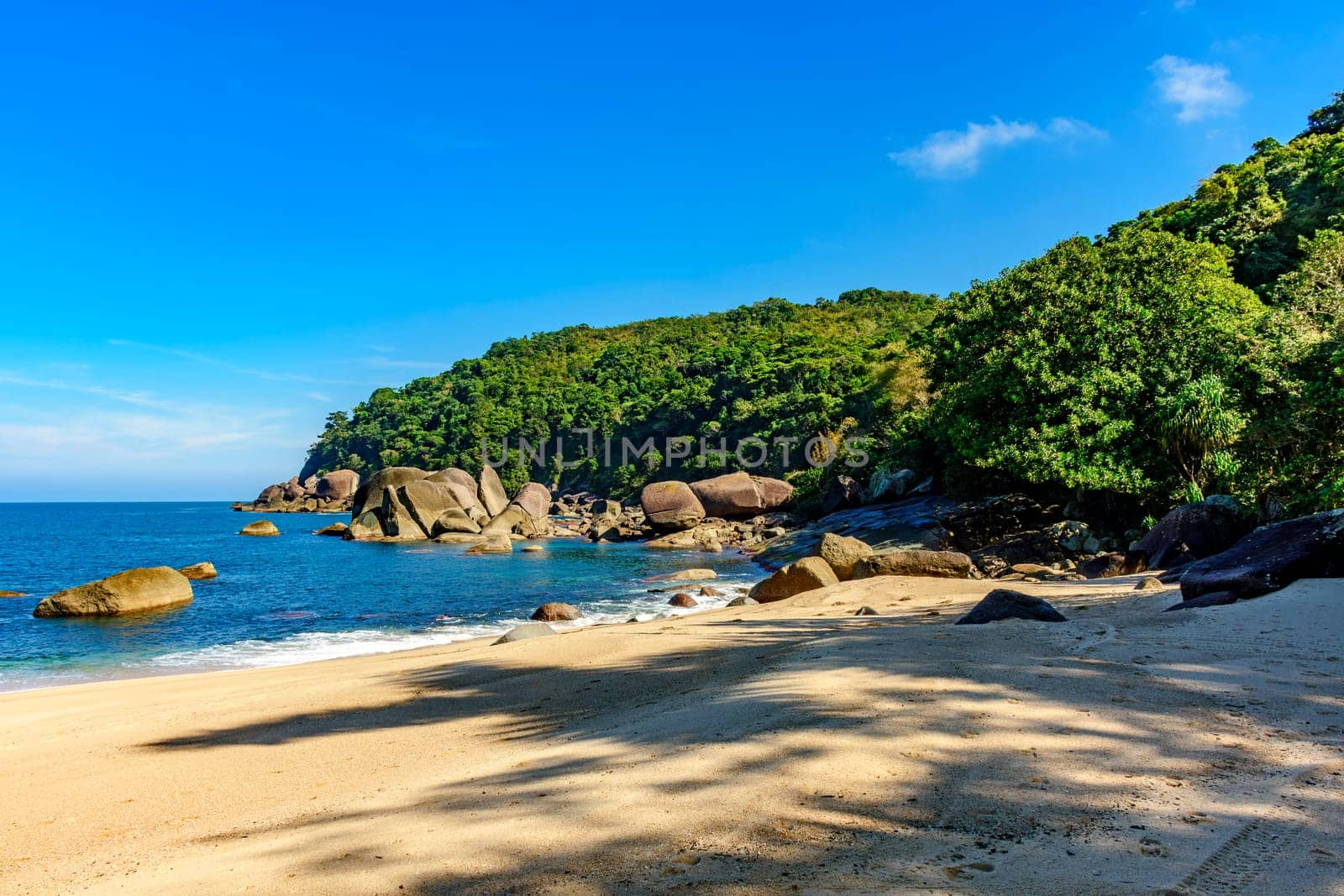 Wild and remote indaiauba beach in Ilhabela island coast os Sao Paulo