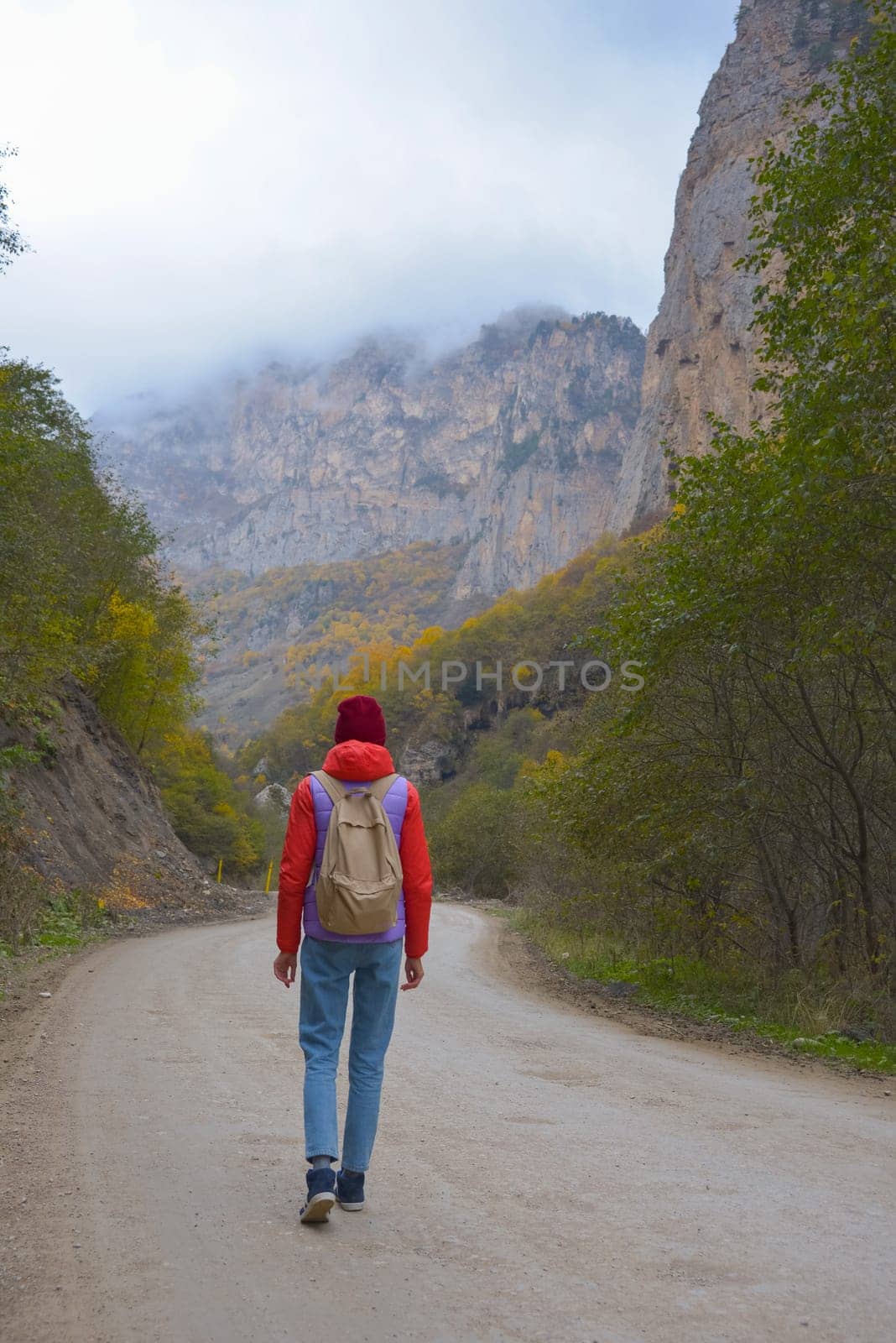 A woman traveler walks along a road in the mountains, forest and fog, the woman enjoys the beautiful nature in the fog