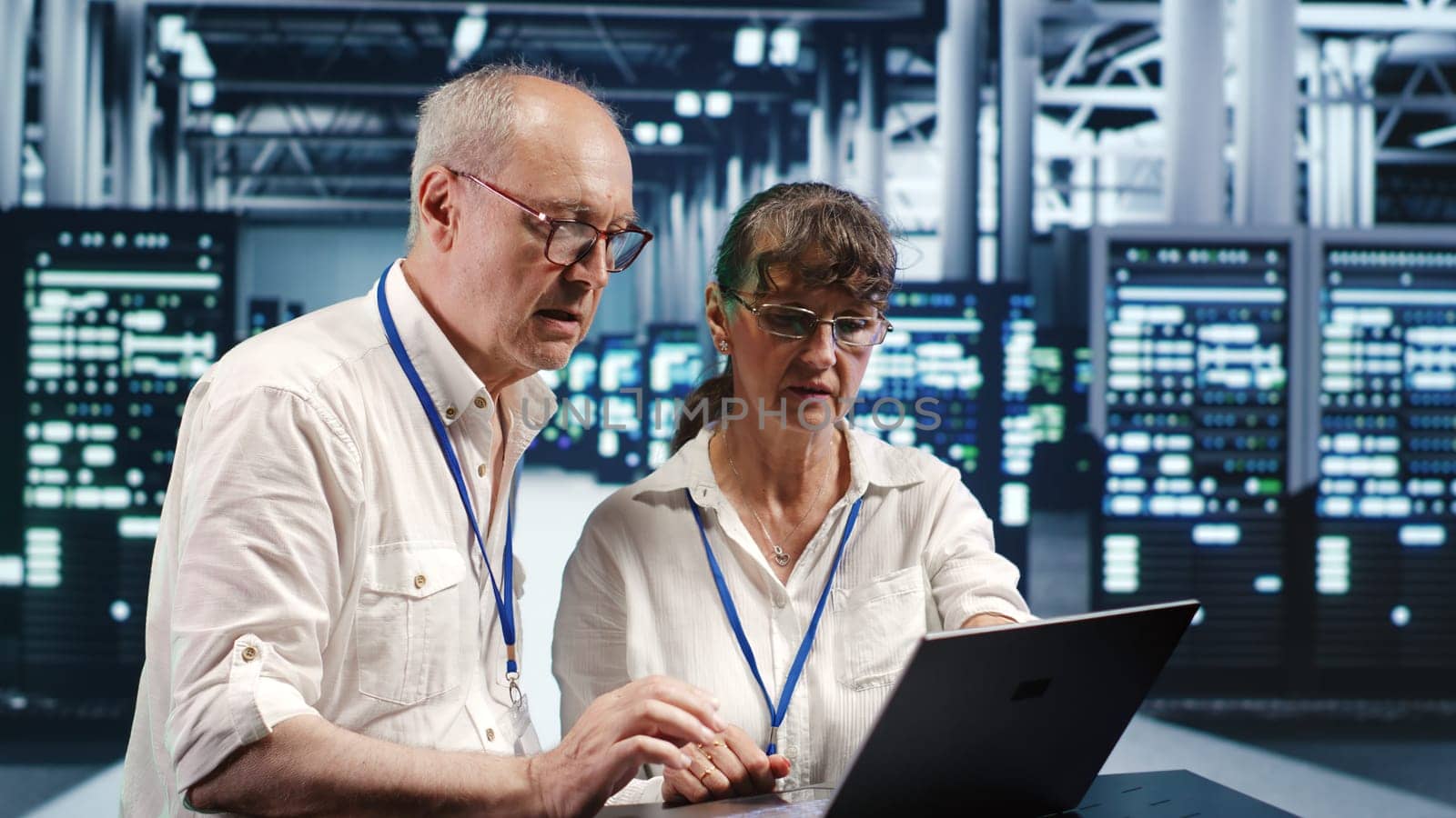 Qualified developers looking around high tech data center, using laptop to crosscheck disaster recovery plan and assess server systems in need of replacement, preventing breakdowns