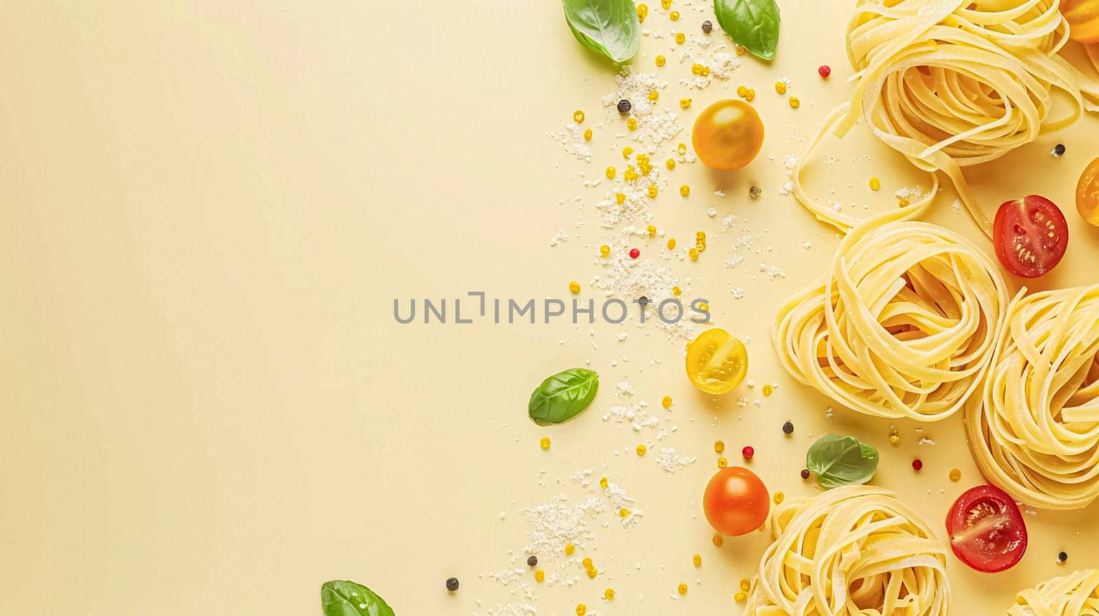 Pasta recipe preparation flatlay background with ingredients, spaghetti, olive oil, garlic, tomatoes and spices in the kitchen, homemade food recipe idea