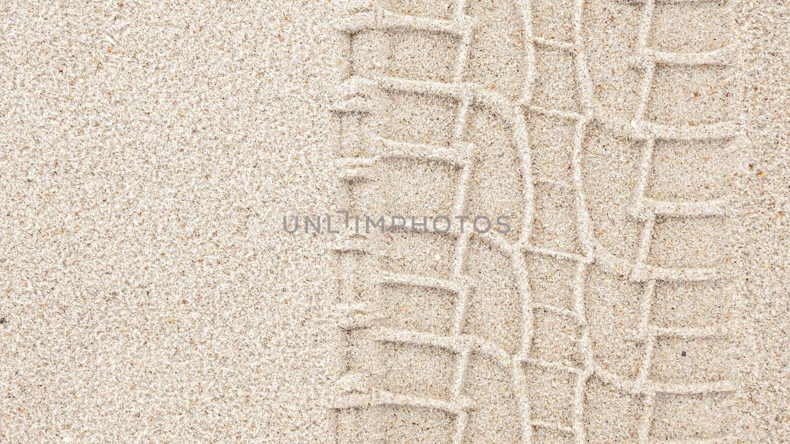 Detailed View of a Tire Track Left on a Sandy Beach Shoreline, Nature Transportation Adventure Scene by JuliaDorian