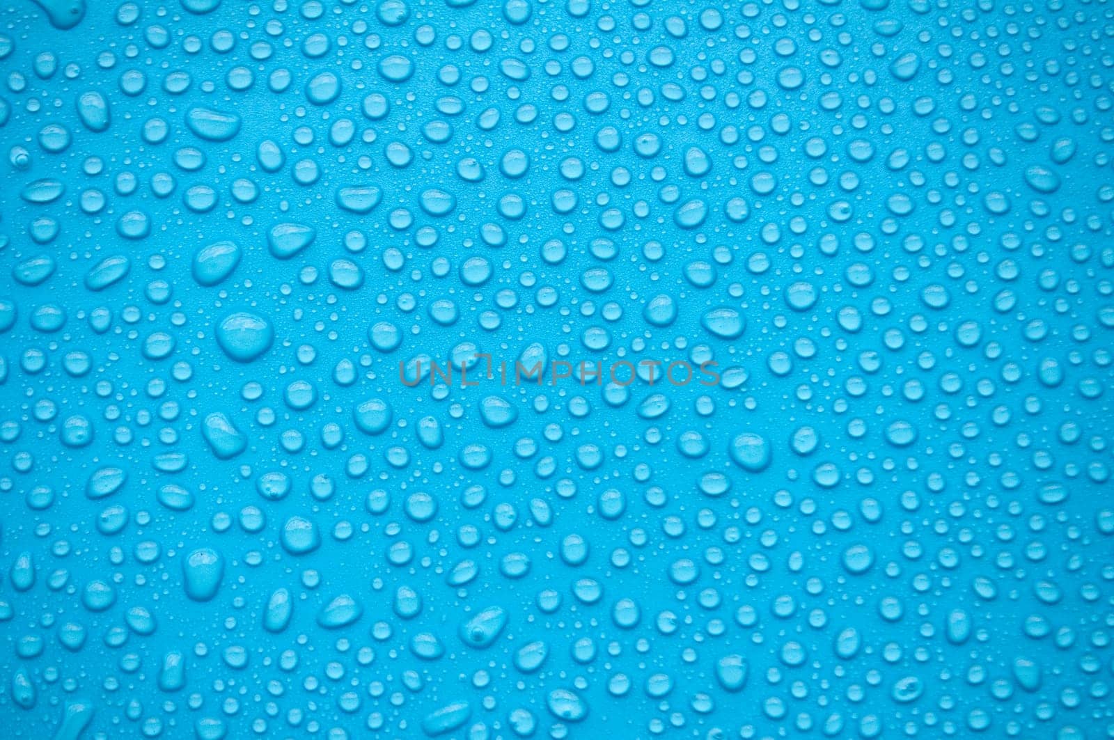 Close up of water droplets on blue background.