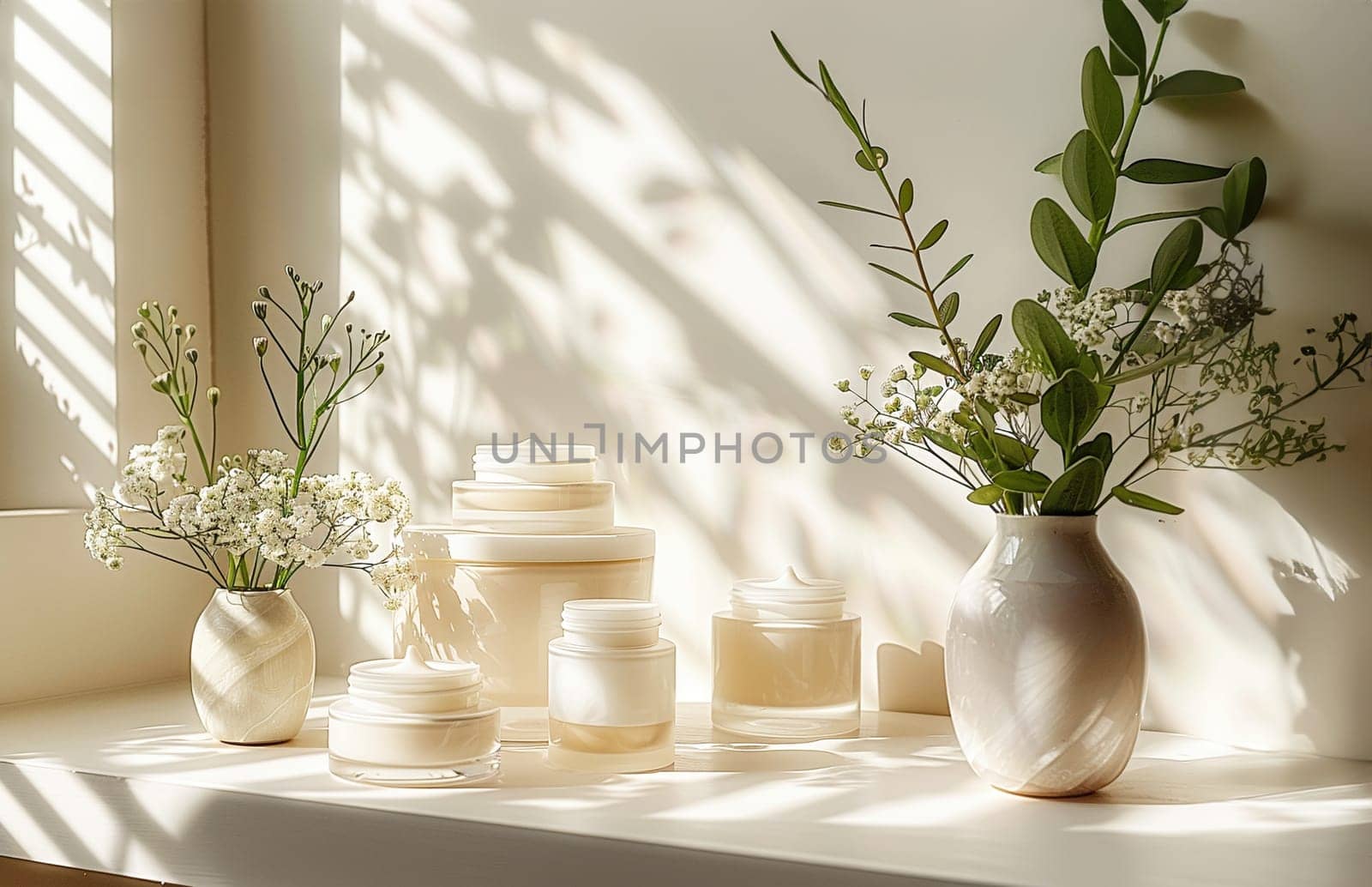 Collection of skincare elixirs neatly arranged on a pristine white table by Ciorba