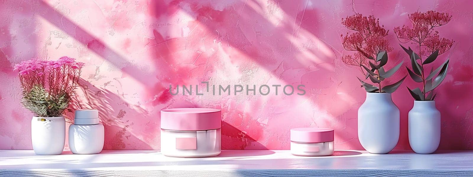 Cosmetic Composition. Beautiful pinkcolor cosmetic skincare makeup containers standing on white table. On the wall reflects the sunlight and shadows. Women make up concept. Copy space.