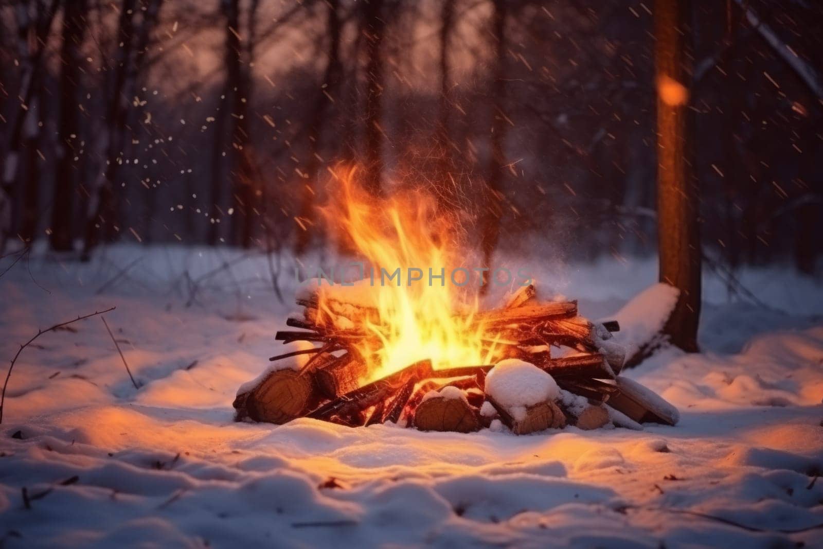 Close up shot of burning firewood in the fireplace in forest. Winter time. White snow. Generated AI.
