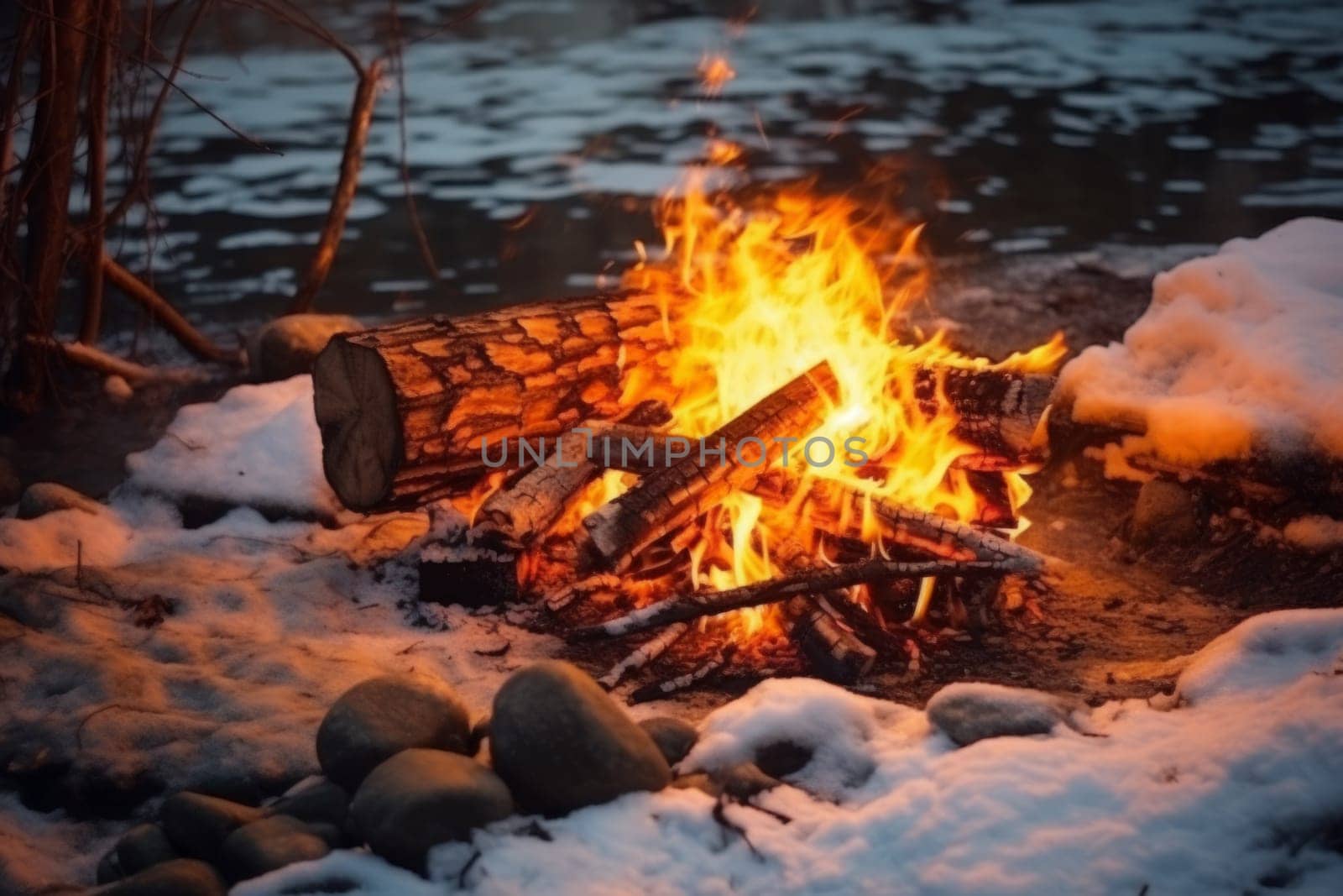 Close up shot of burning firewood in the fireplace in forest near stones. Winter time. White snow. Generated AI.