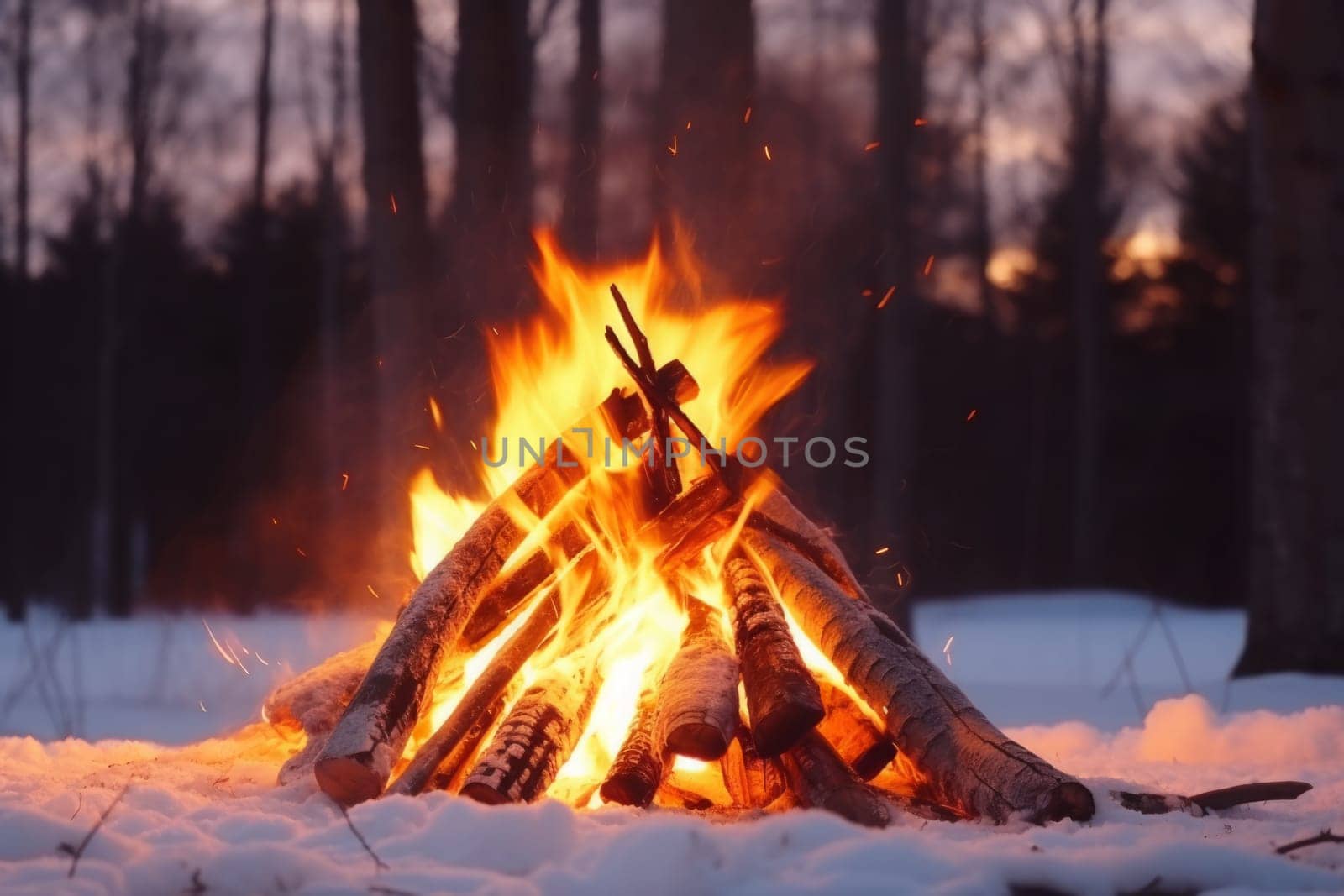 Close up shot of burning firewood in the fireplace in forest. Winter time. White snow. Generated AI.