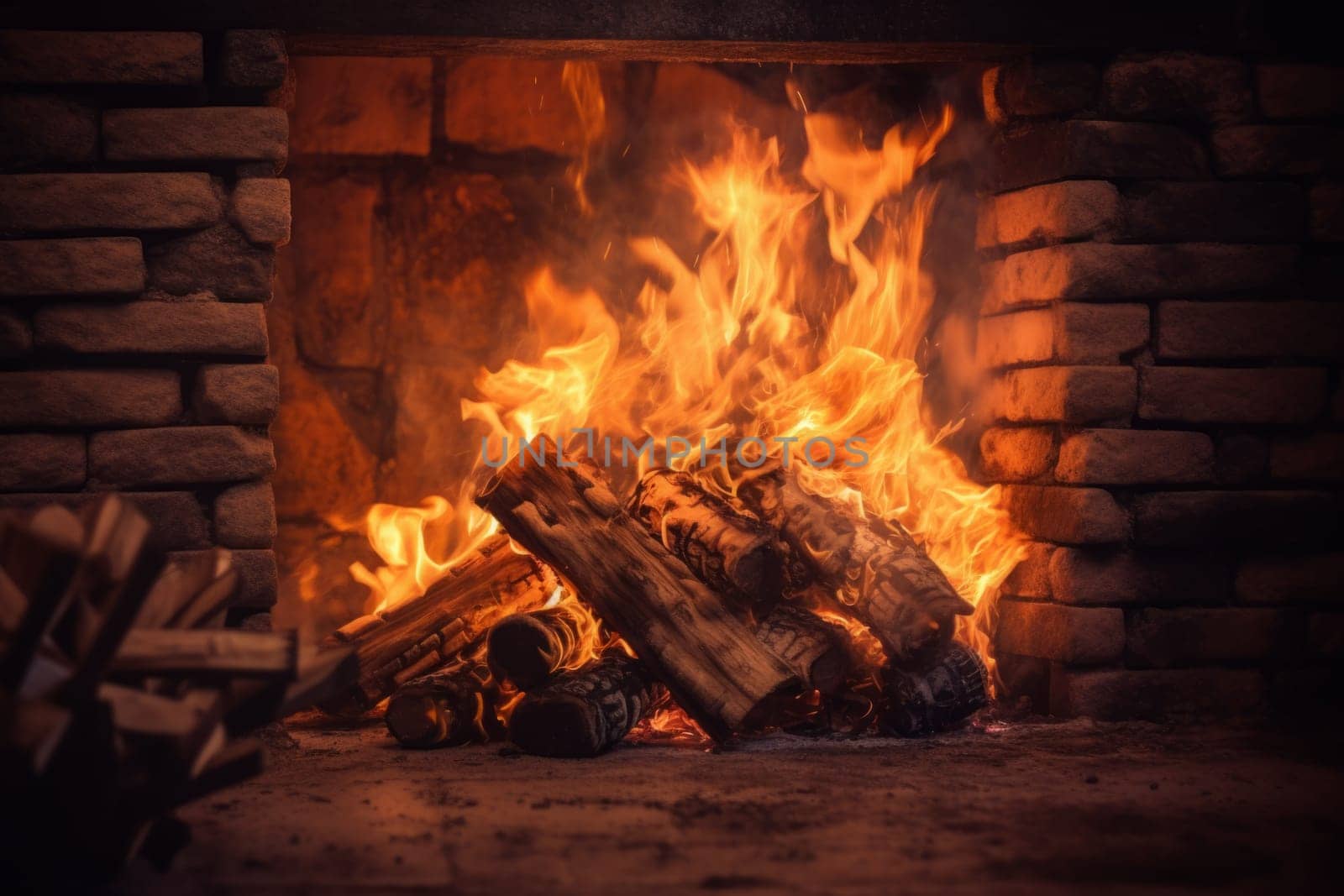 A fire burns in a fireplace, Fire to keep warm. Wood in fireplace. Generated AI.