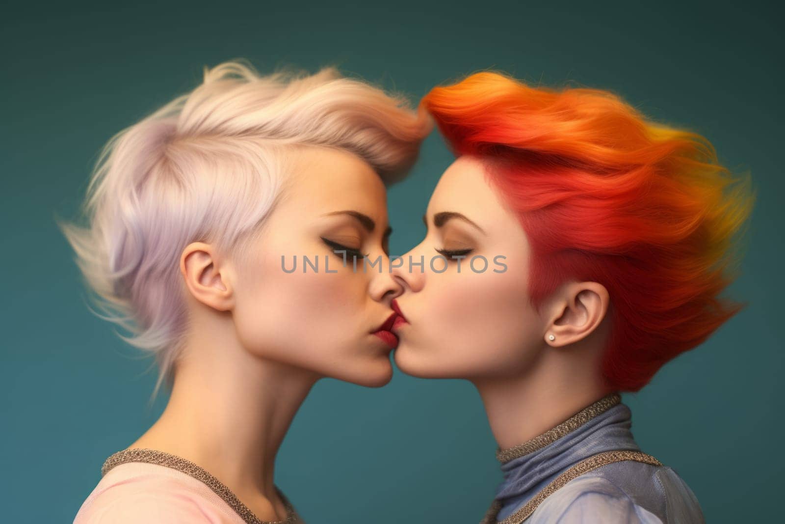 Close-up of affectionate lesbian couple about to kiss. Short hairs. White and orange hairs. Isolated on green blue background. Generated AI by Oxdesign