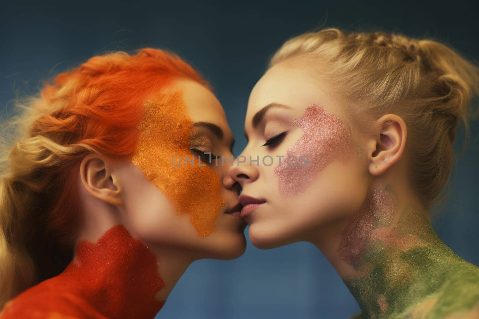 Close-up of affectionate lesbian couple about to kiss. Painted face. Isolated on blue background. Generated AI by Oxdesign