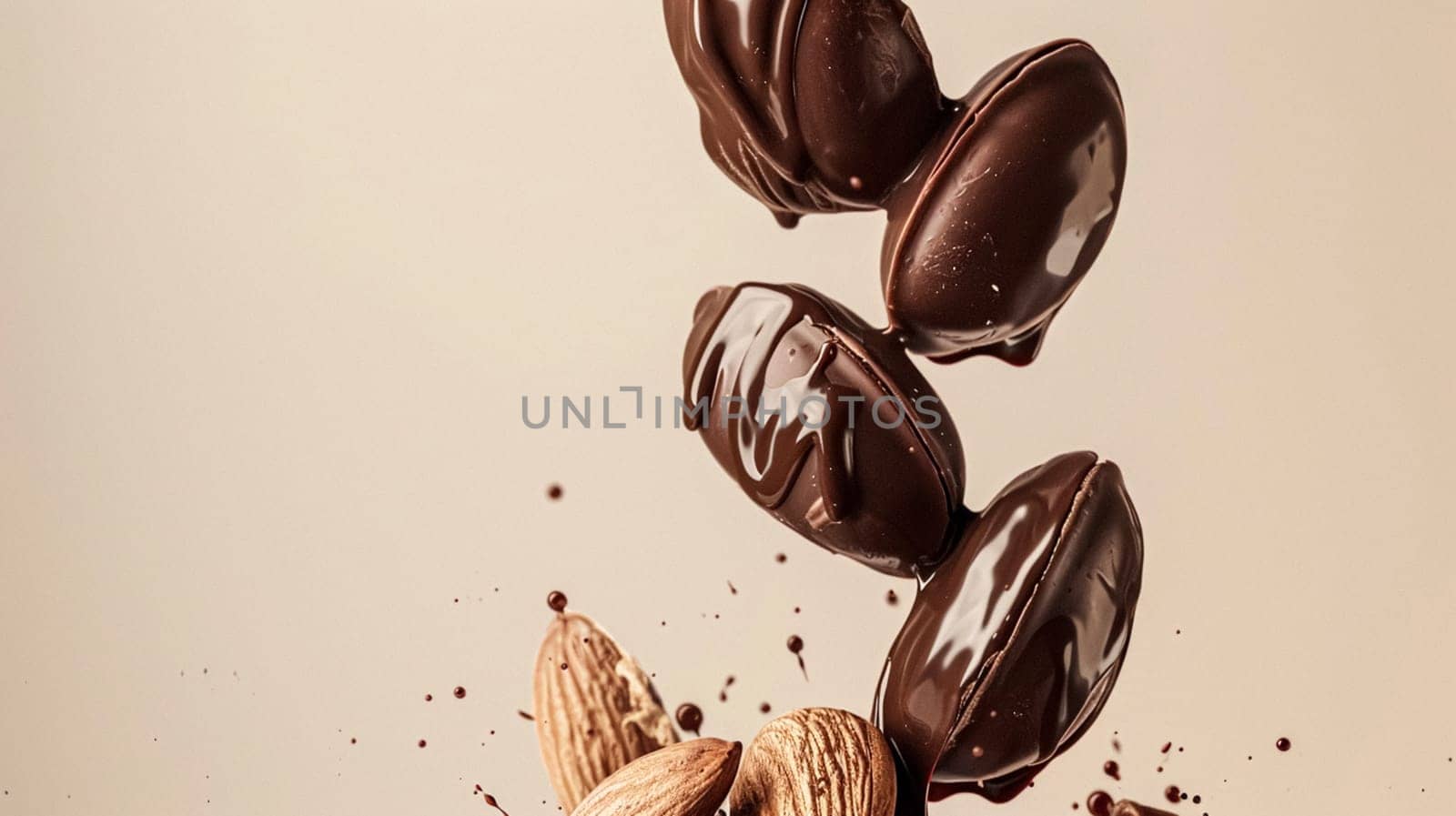 Nuts and chocolate splash, food dessert and confectionery industry