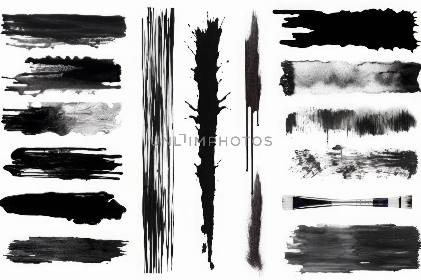 Brush strokes. Paintbrush set. Grunge design elements. Rectangle text boxes. Dirty distress texture banners. Grungy painted objects. Generated AI by Oxdesign