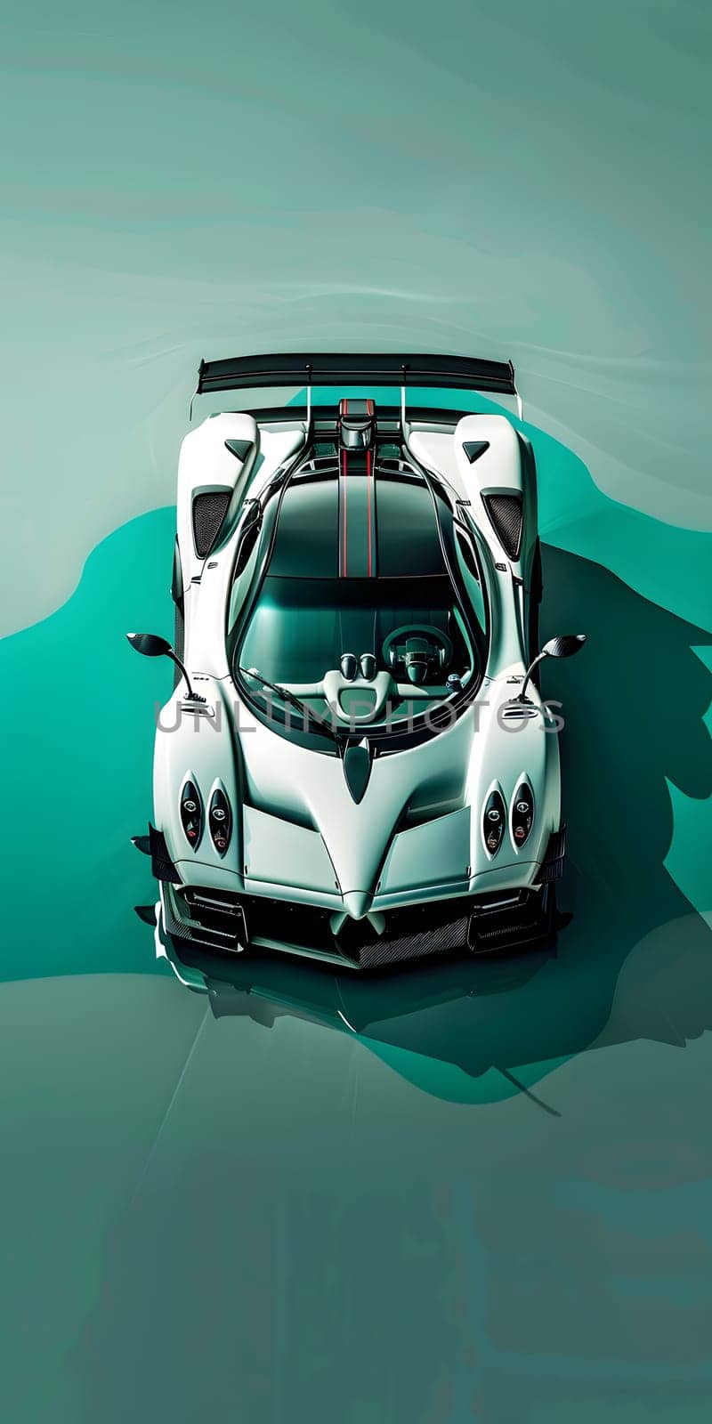 A white racing car is parked on a green surface with sleek automotive design by Nadtochiy