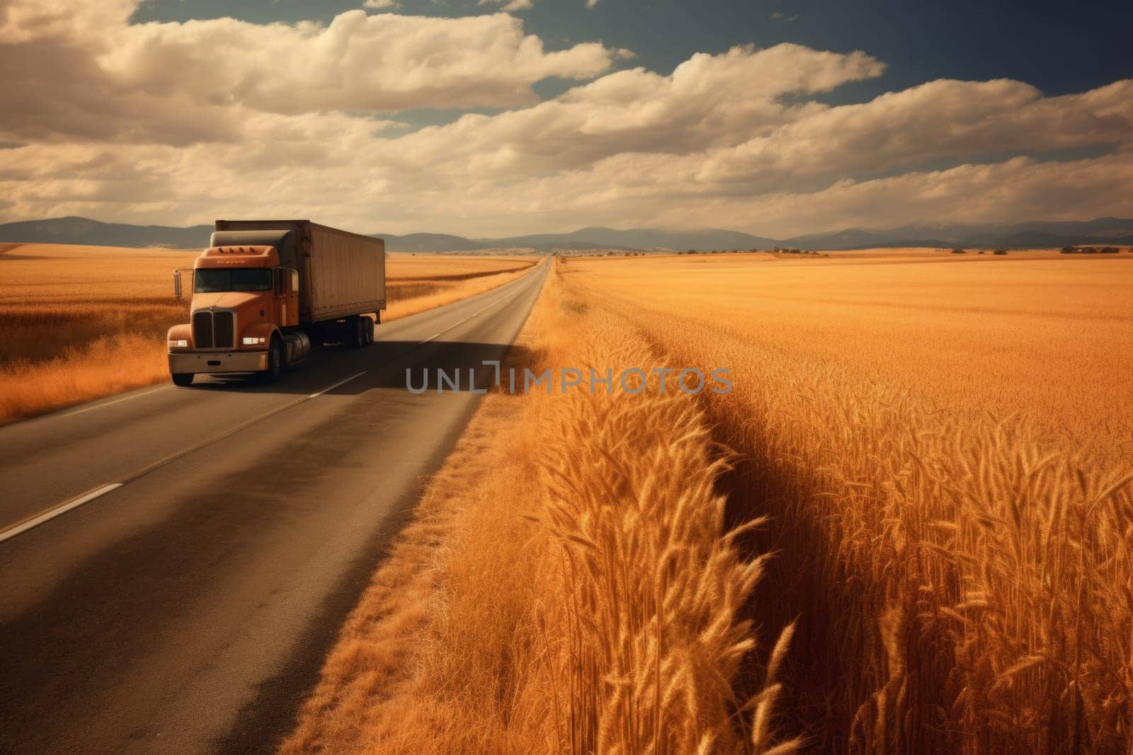 Truck driver on the road between fields with harvest. Generated AI.