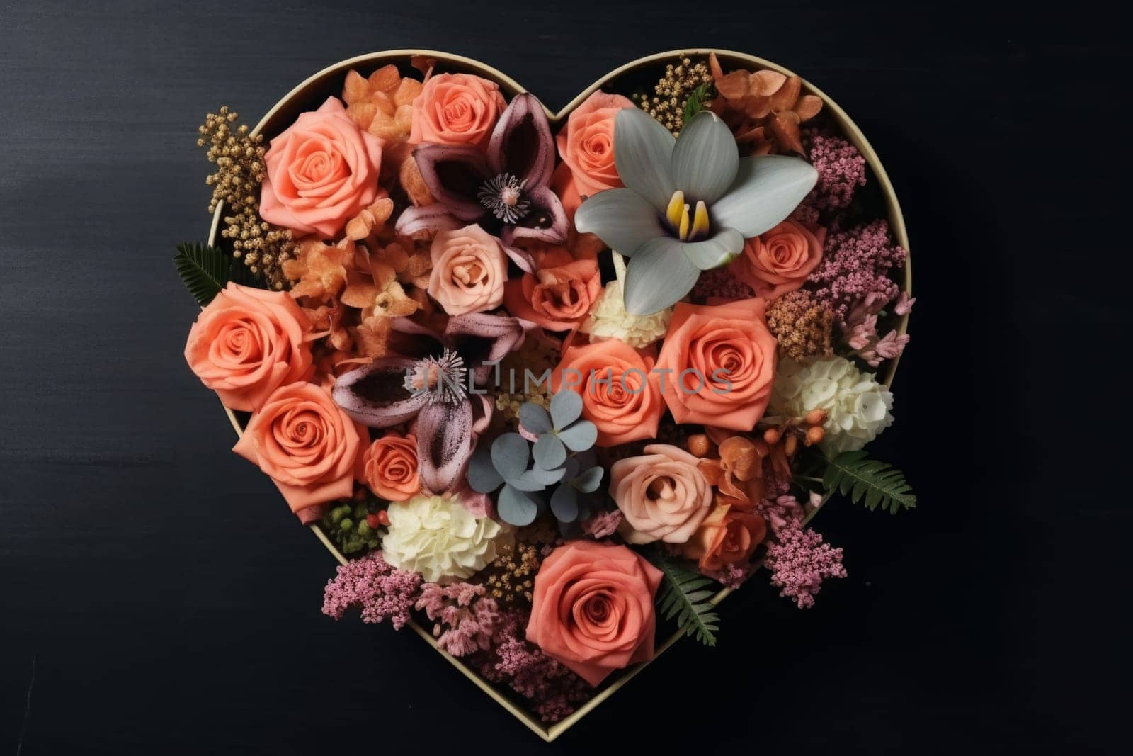 beautiful flower arrangement in the shape of a heart on dark table close-up. white Bush rose, pink shrub rose, lily. as a gift, as a background, as a postcard. Generated AI by Oxdesign