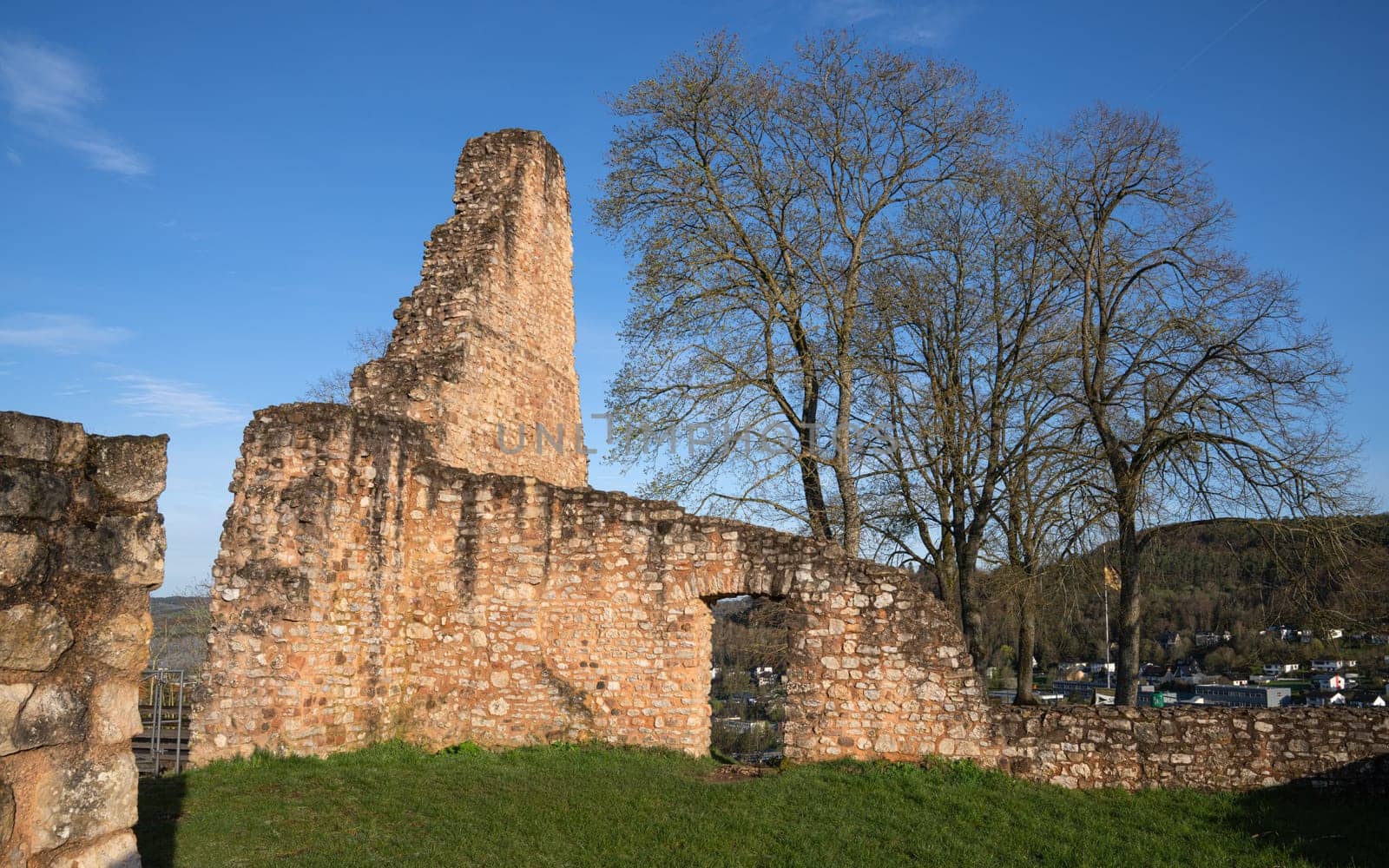 Gerolstein, Germany - April 6, 2024: Panoramic image of old Gerolstein castle in morning light on April 6, 2024 in Eifel, Rhineland-Palatinate, Germany