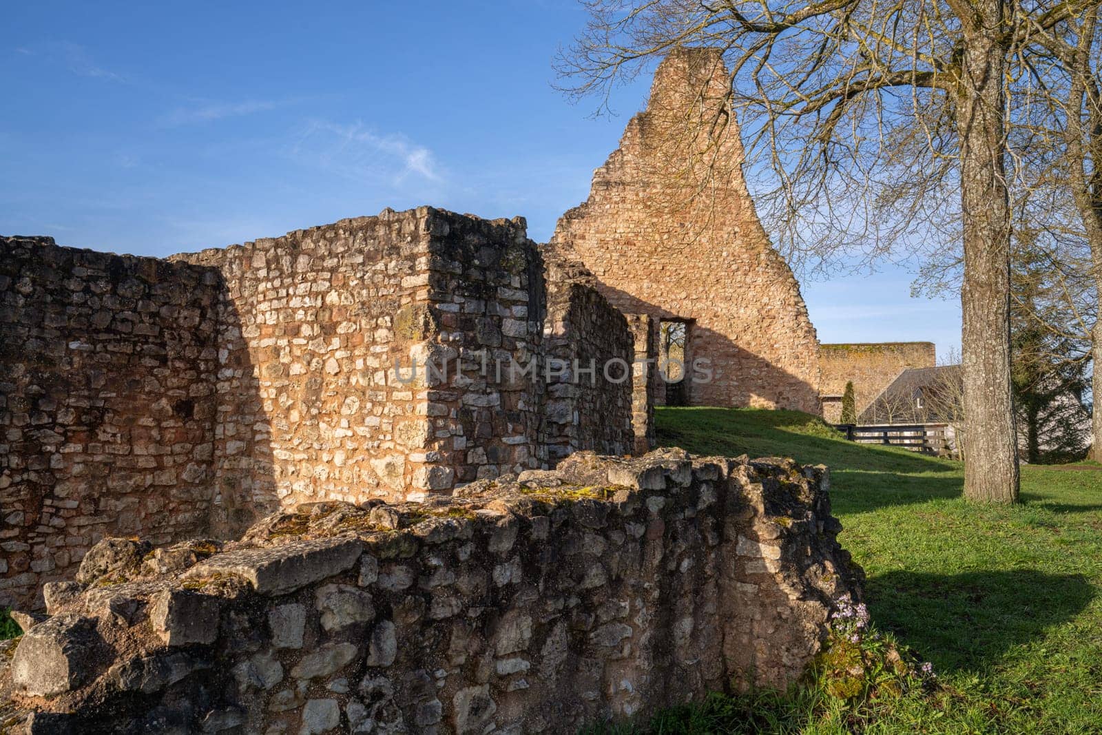 Gerolstein, Germany - April 6, 2024: Panoramic image of old Gerolstein castle in morning light on April 6, 2024 in Eifel, Rhineland-Palatinate, Germany