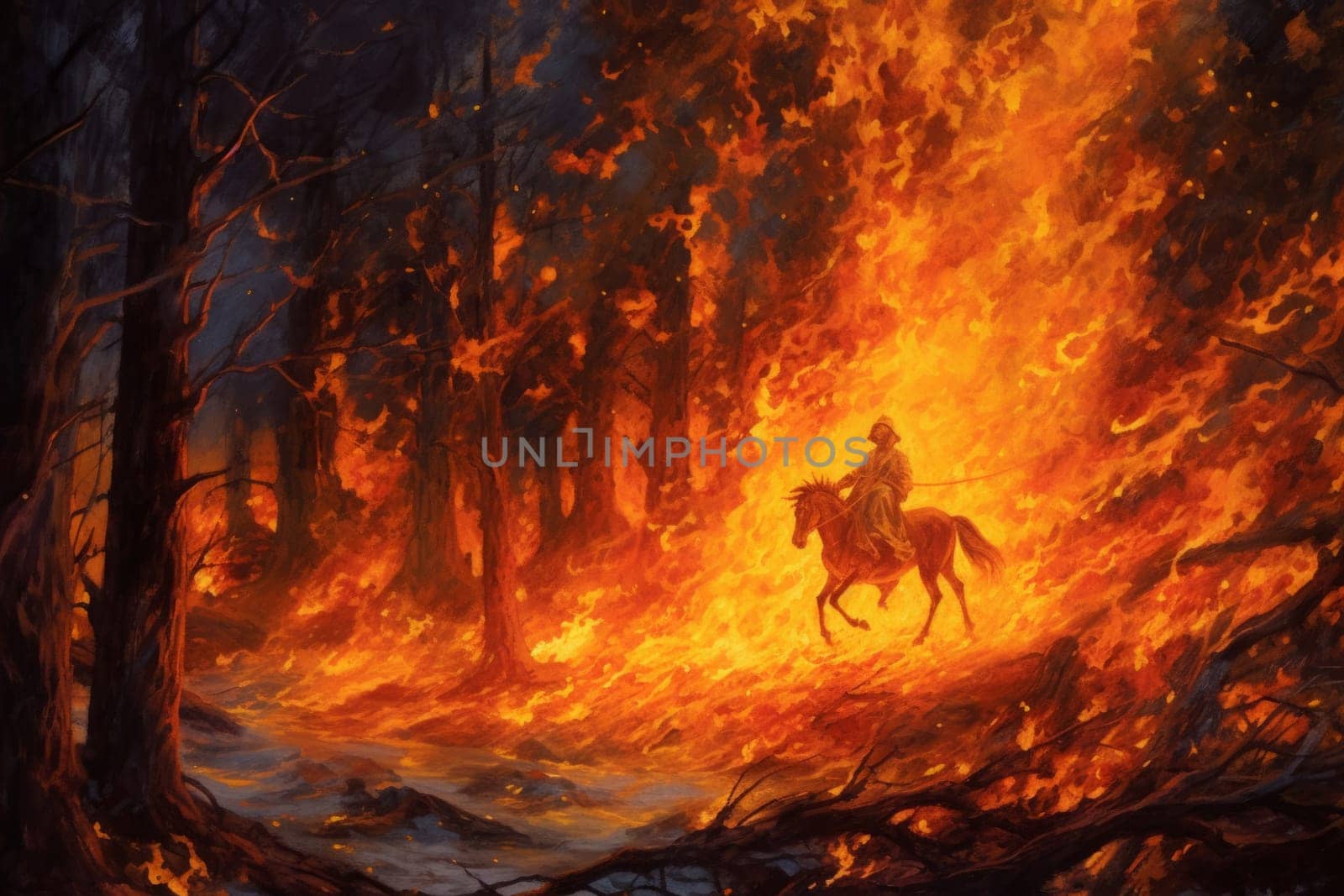 A horseman jumps a bonfire to purify his horse during the Saint Anthony festival, Spain. Horseman on fire in forest. Generated AI.