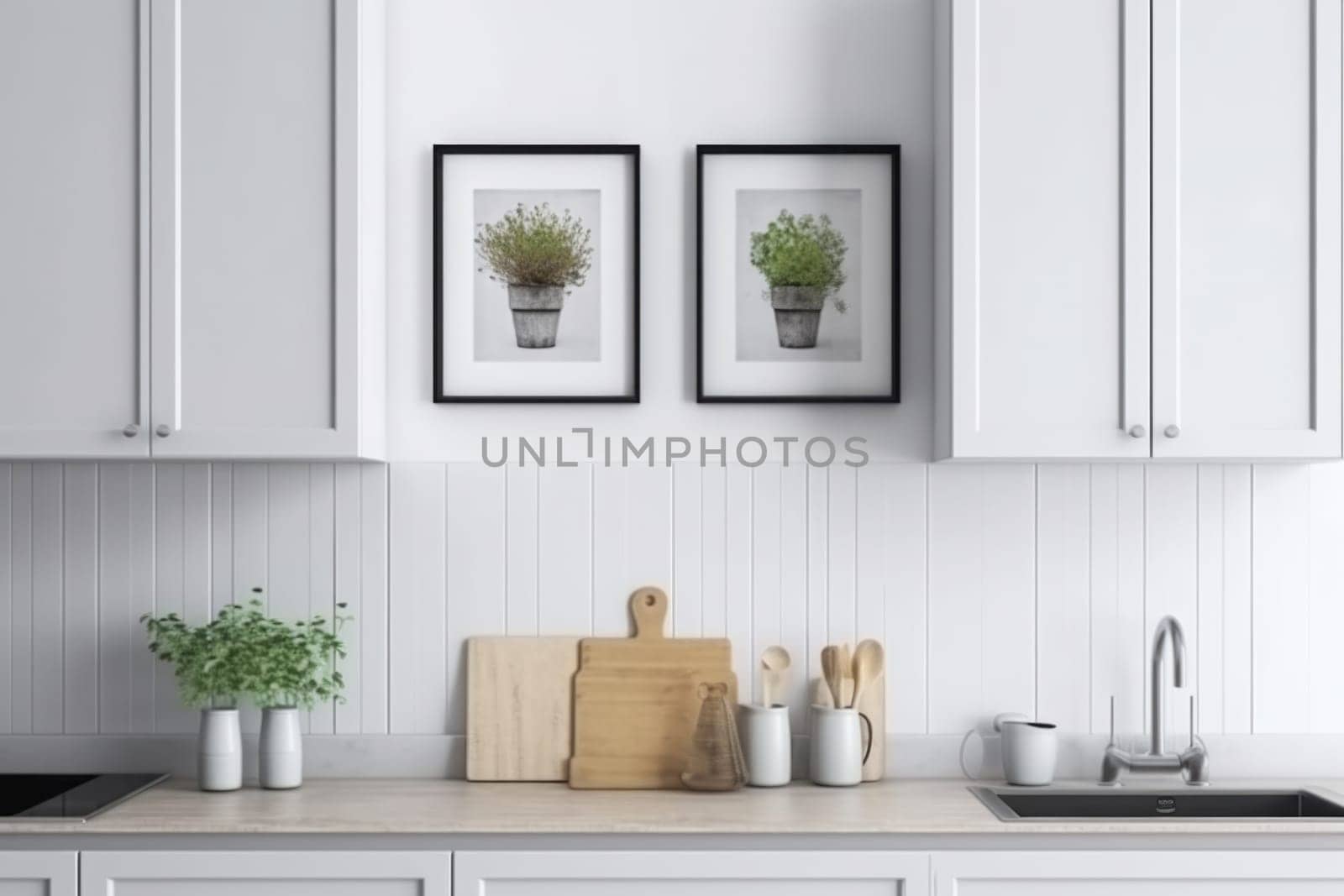 Kitchen table board and modern white kitchen background concept. Kitchen equipment. Two pictures with frames on the wall. Interior design. Generated AI.