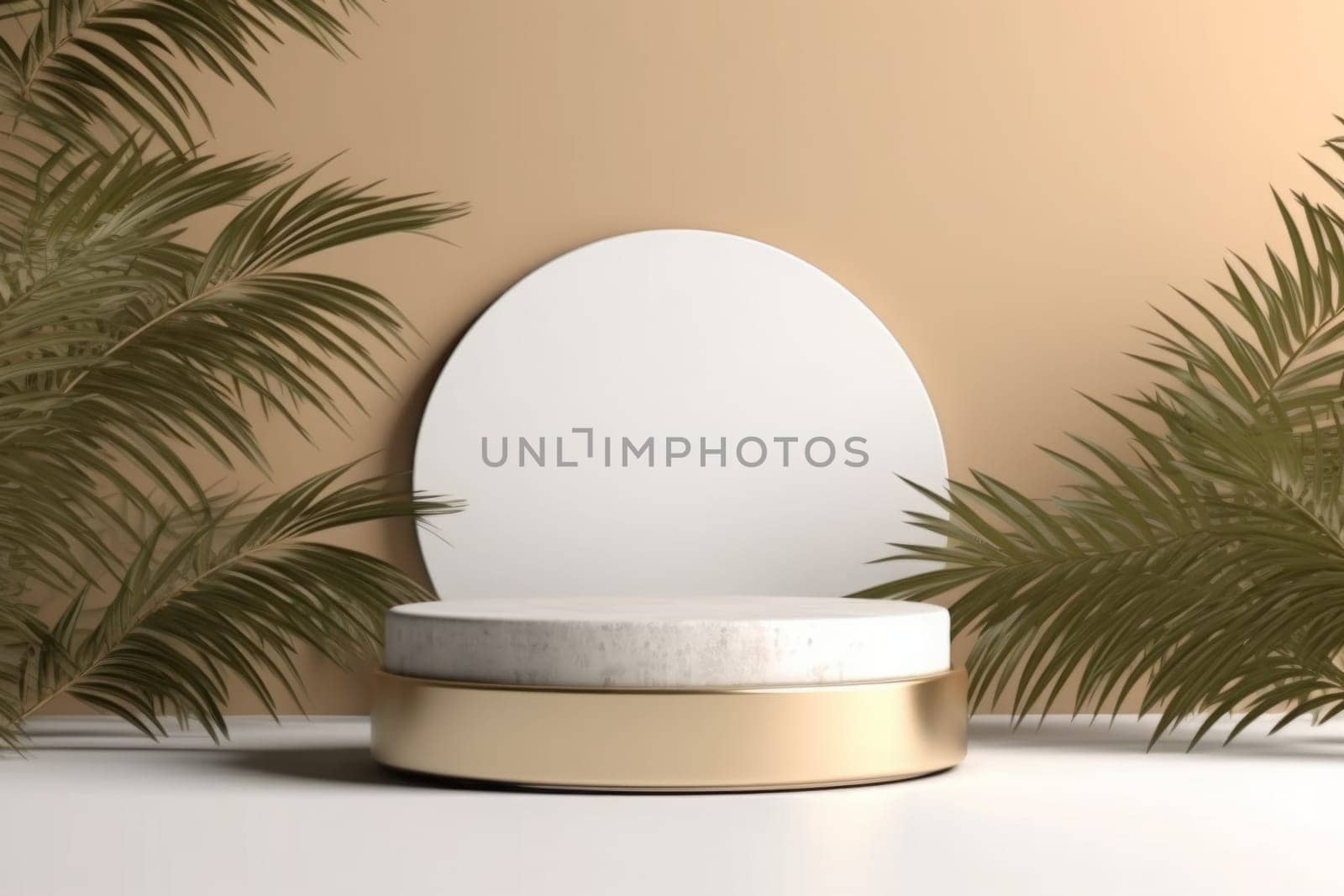 Green leaves styled stock scene, product podium with copy space. White stone and gold podiums. Cylinder, circle shapes. Light colors. Generated AI by Oxdesign