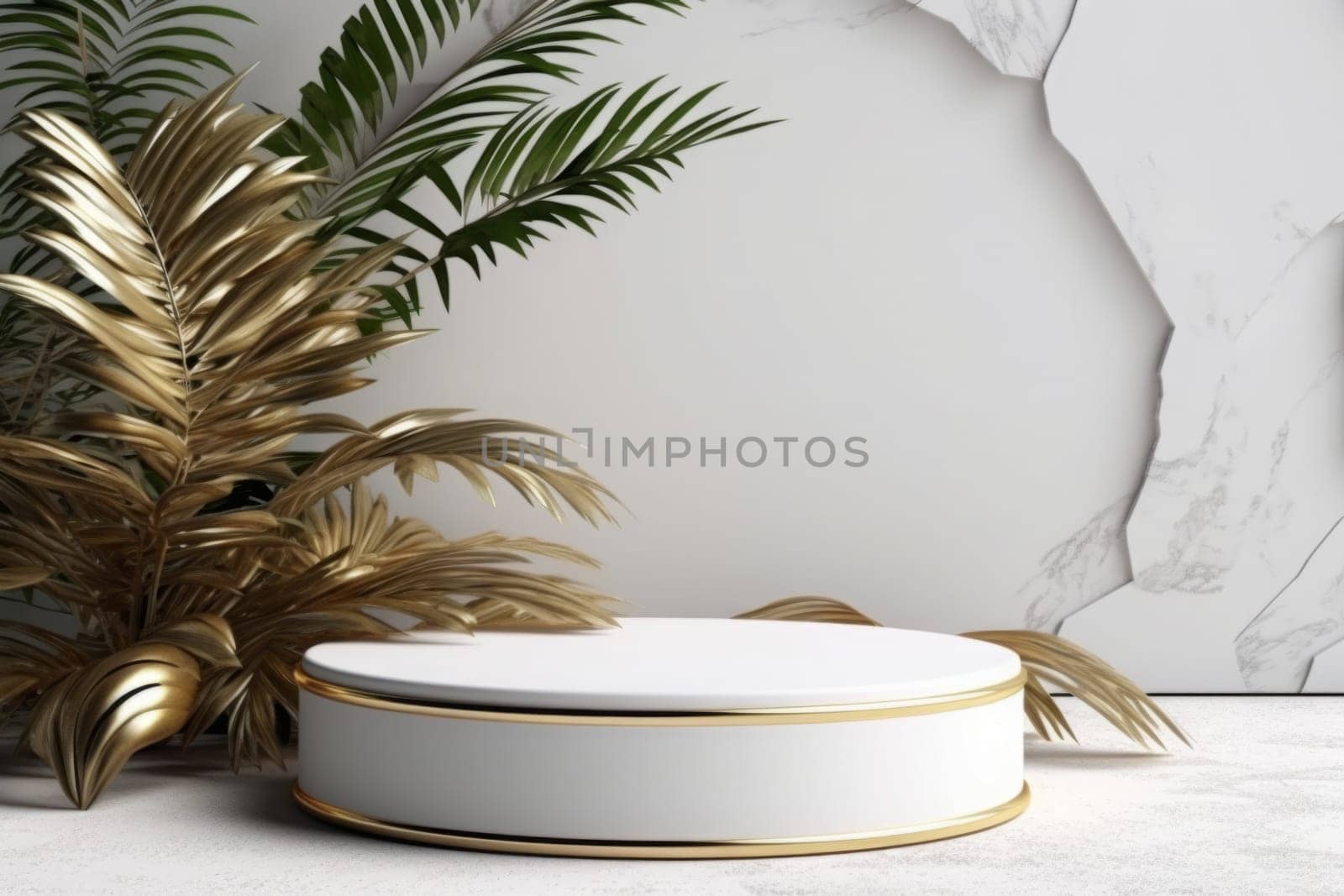 Marble podium with green leaves on the white background. Podium for product, cosmetic presentation. Creative mock up. White pedestal with gold line or platform for beauty products. Generated AI by Oxdesign