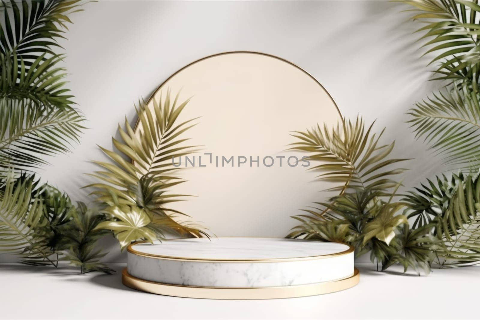 Marble podium with green leaves on the white background. Podium for product, cosmetic presentation. Creative mock up. White pedestal with gold line or platform for beauty products. Generated AI.