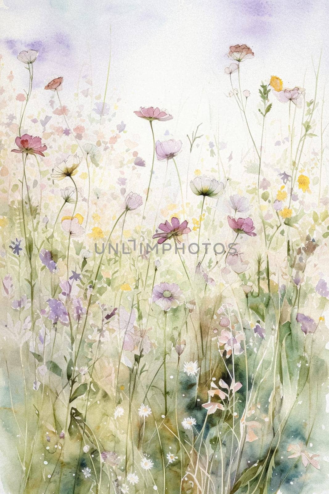 Fine art watercolour painting of the English countryside landscape with flowers, romantic nature evoking a sense of tranquility and natural beauty, printable art design idea