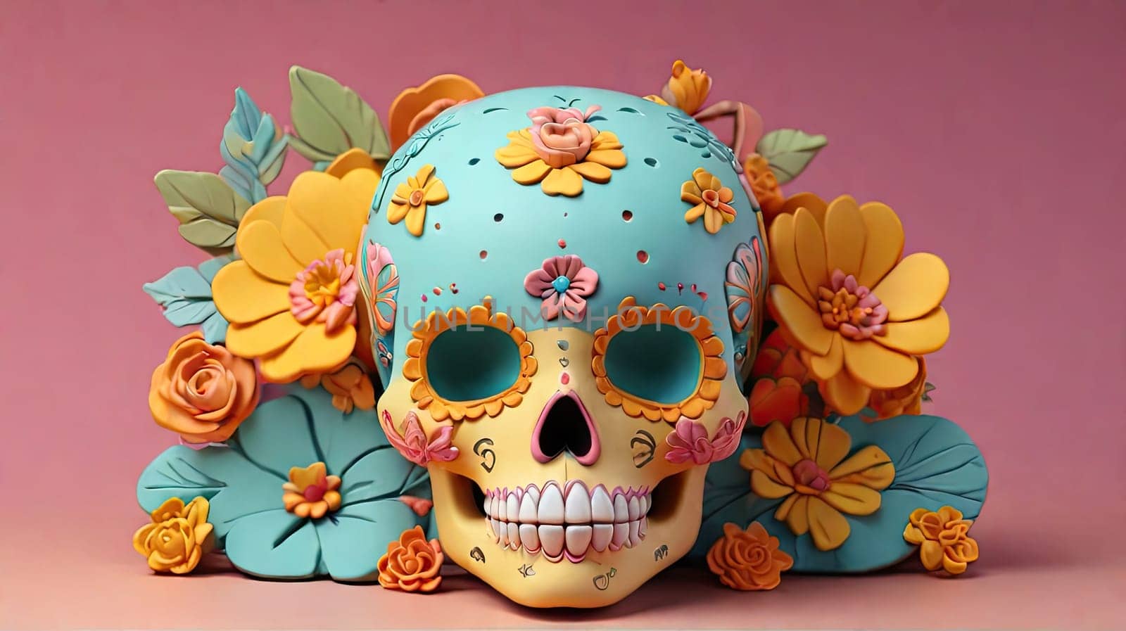 Sugar Skull with calendula flowers on a colored background. Day of the Dead holiday in Mexico. Skeleton bones of the human head. Respect for the memory of the ancestors of the dead. plasticine 3D