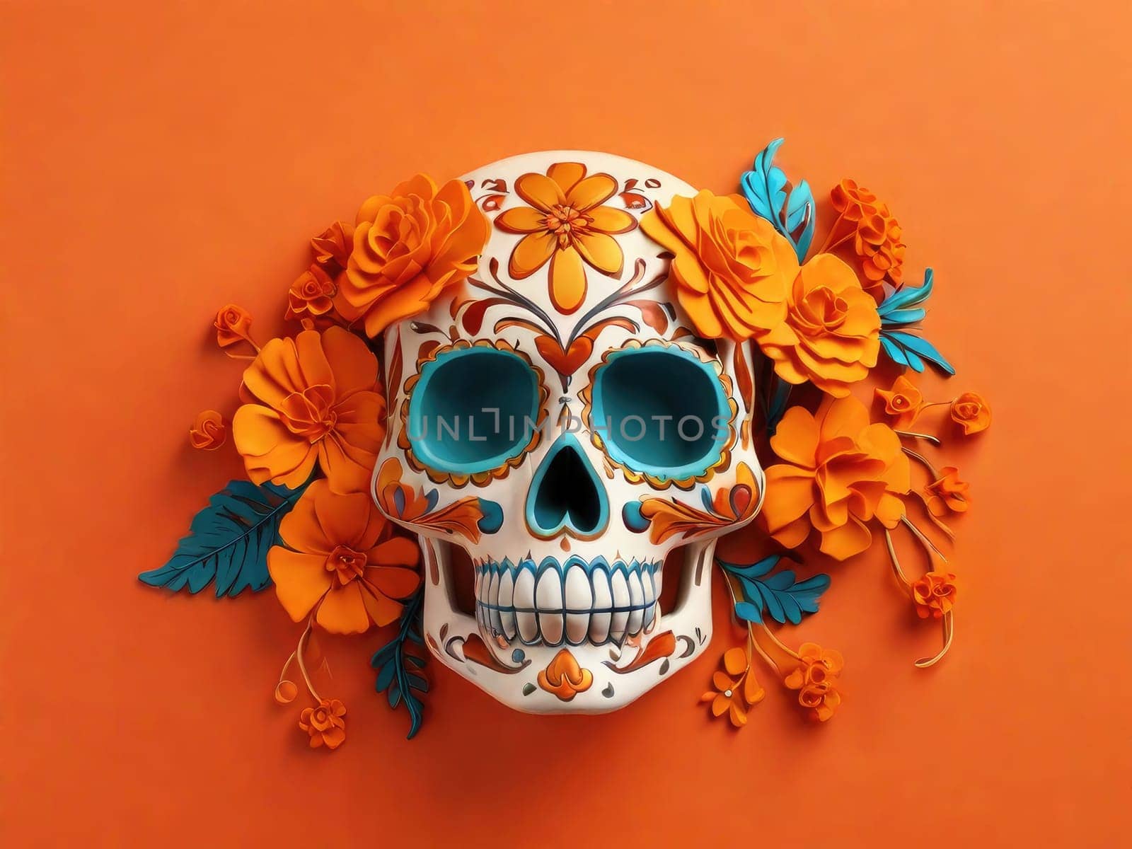 Sugar Skull with calendula flowers on a colored background. Day of the Dead holiday in Mexico. Skeleton bones of the human head. Respect for the memory of the ancestors of the dead.
