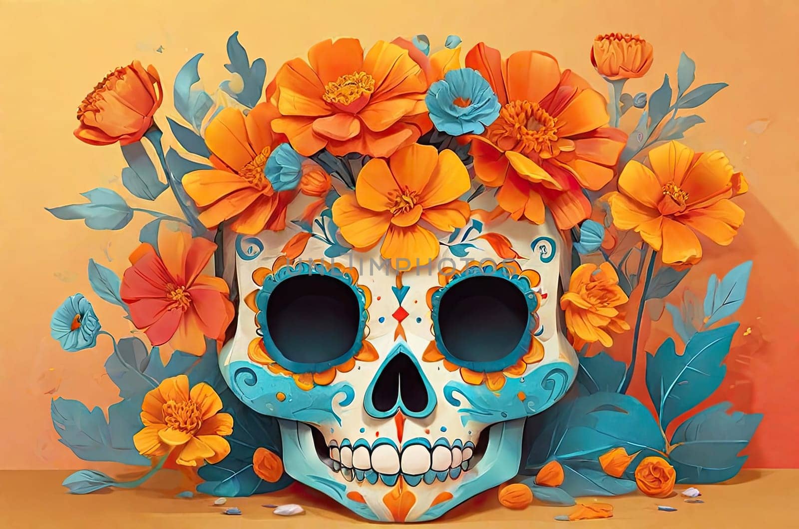 Sugar Skull with calendula flowers on a colored background. Day of the Dead holiday in Mexico. Respect for the memory of the ancestors of the dead. illustration painted with watercolors