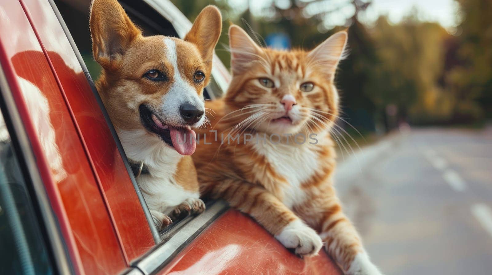 Dog and Cat enjoying car ride with heads out of window, Joyful pets travel adventure concept, Furry friends on a road trip.