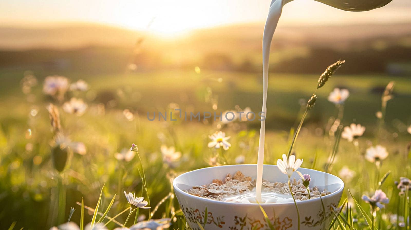 Pouring fresh milk into bowl of cereal in the English countryside field on a sunny morning for breakfast