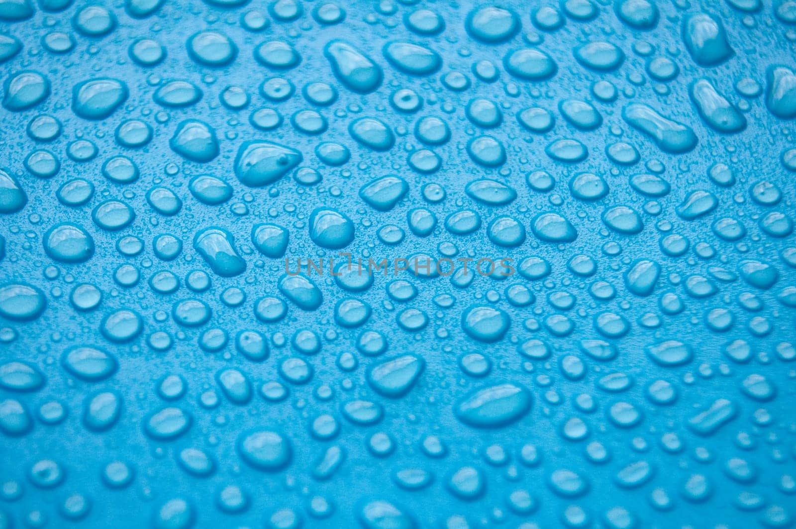 Close up of water droplets on blue cover background.