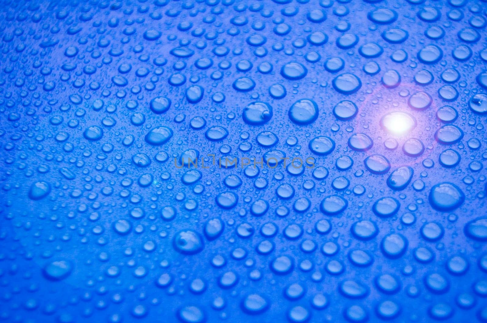 Water droplets with shining light on blue cover background. Water droplets concept