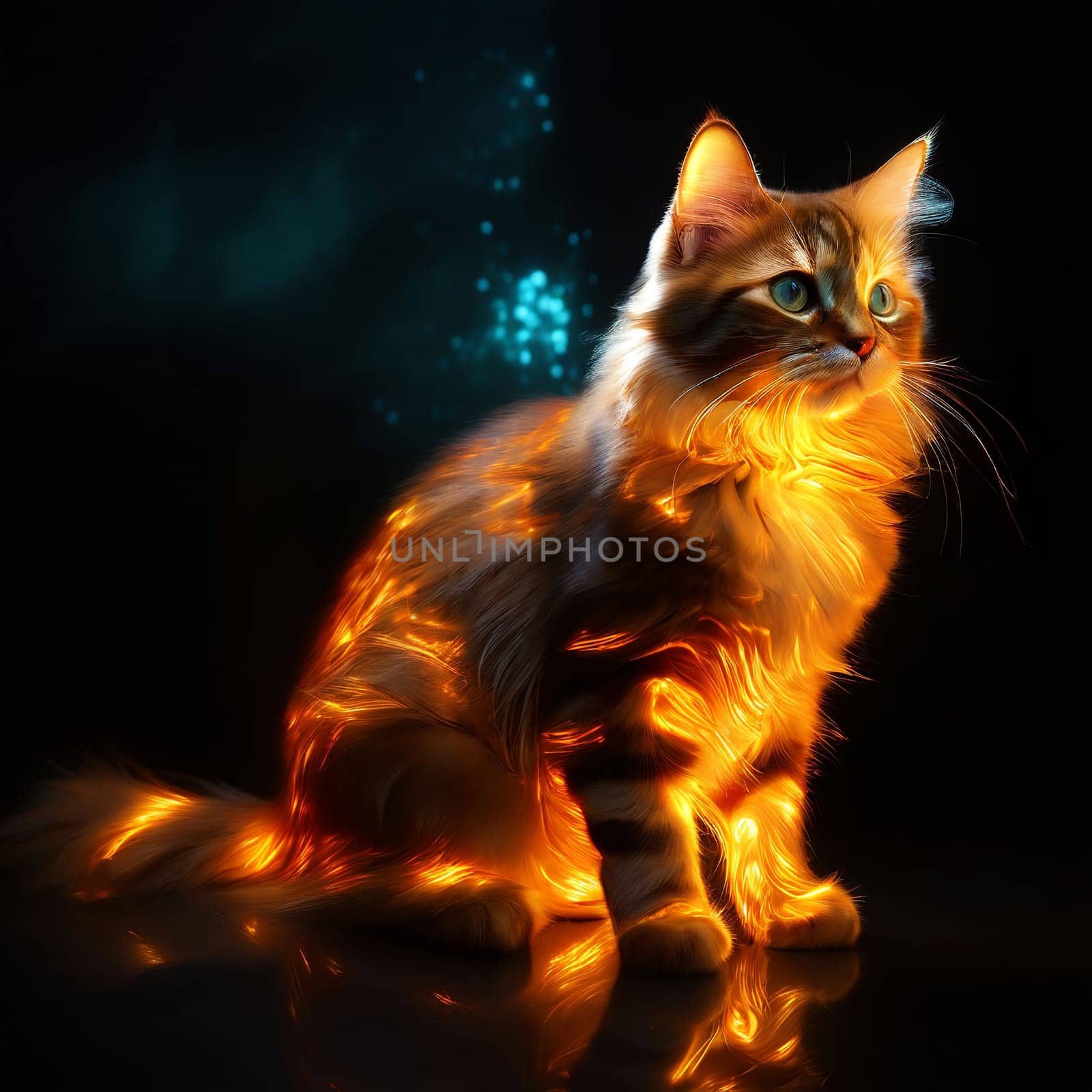 Portrait of a fluffy glowing cat. High quality photo