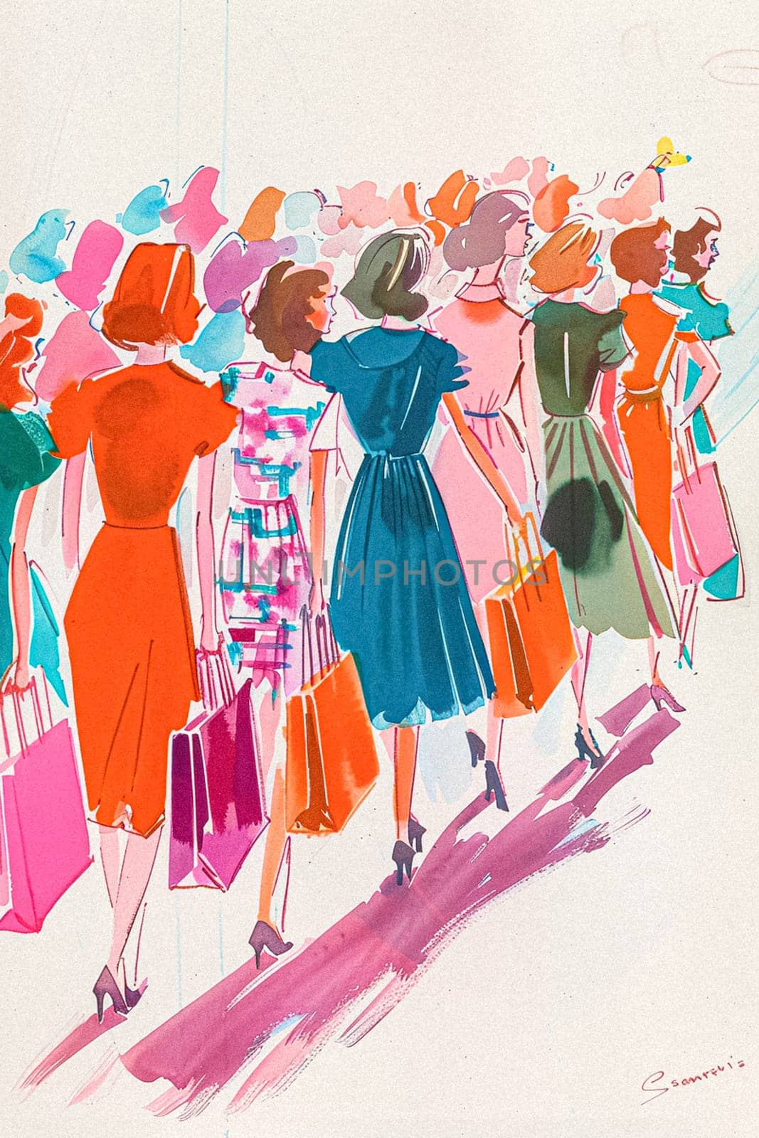 Retro watercolour painting of a women walking while carrying shopping bags, shop and retail idea