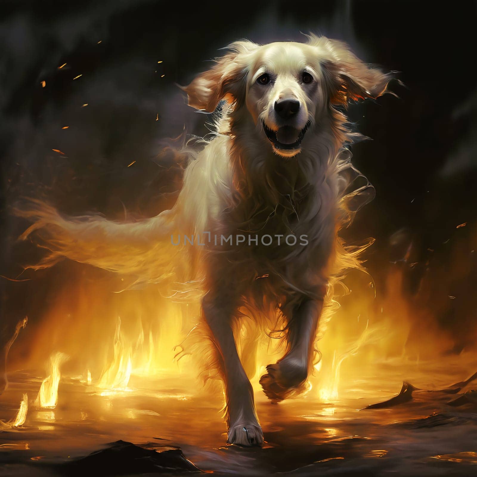 A ghostly white dog runs through the fire. High quality photo