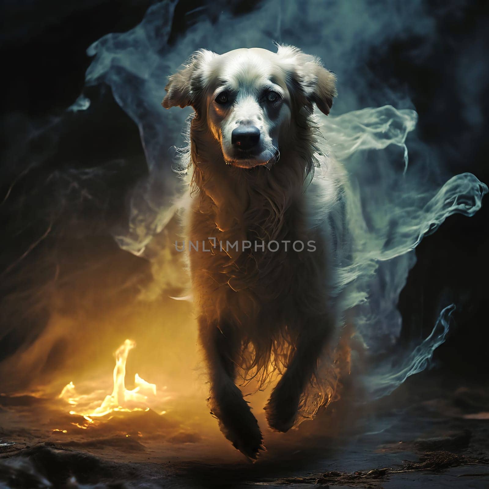 A ghostly white dog runs through the fire. High quality photo