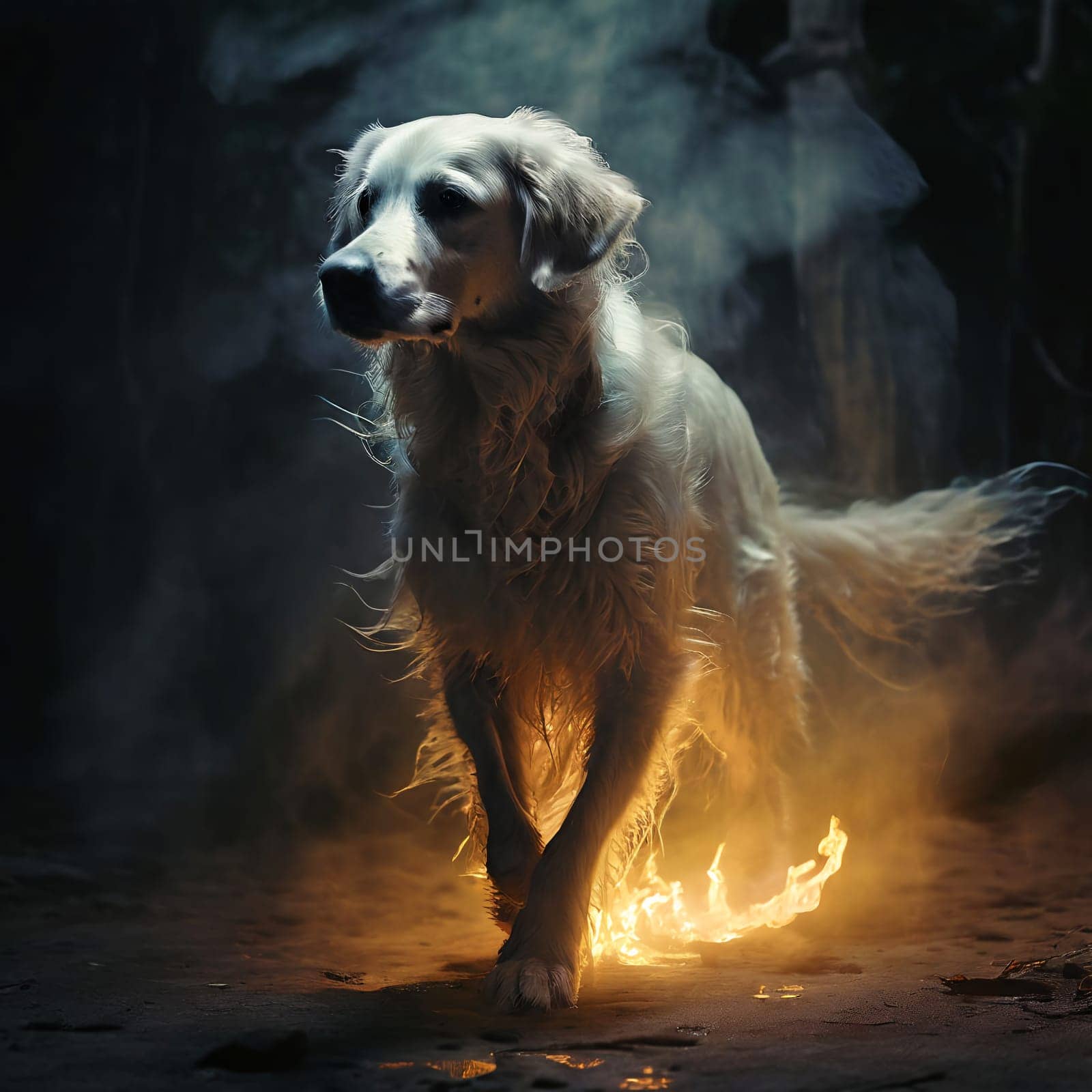 A ghostly white dog runs through the fire by VeronikaAngo