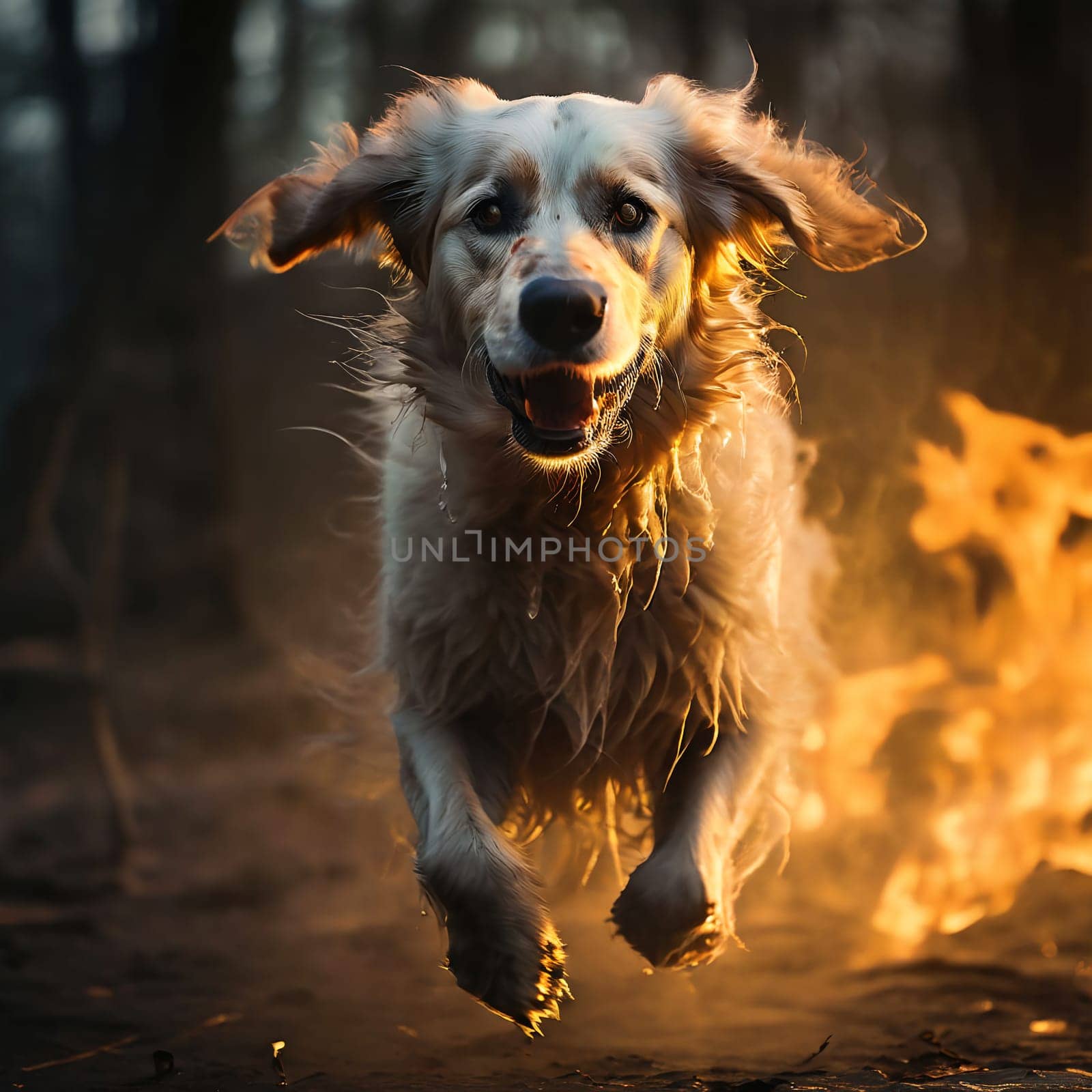 A ghostly white dog runs through the fire. High quality photo