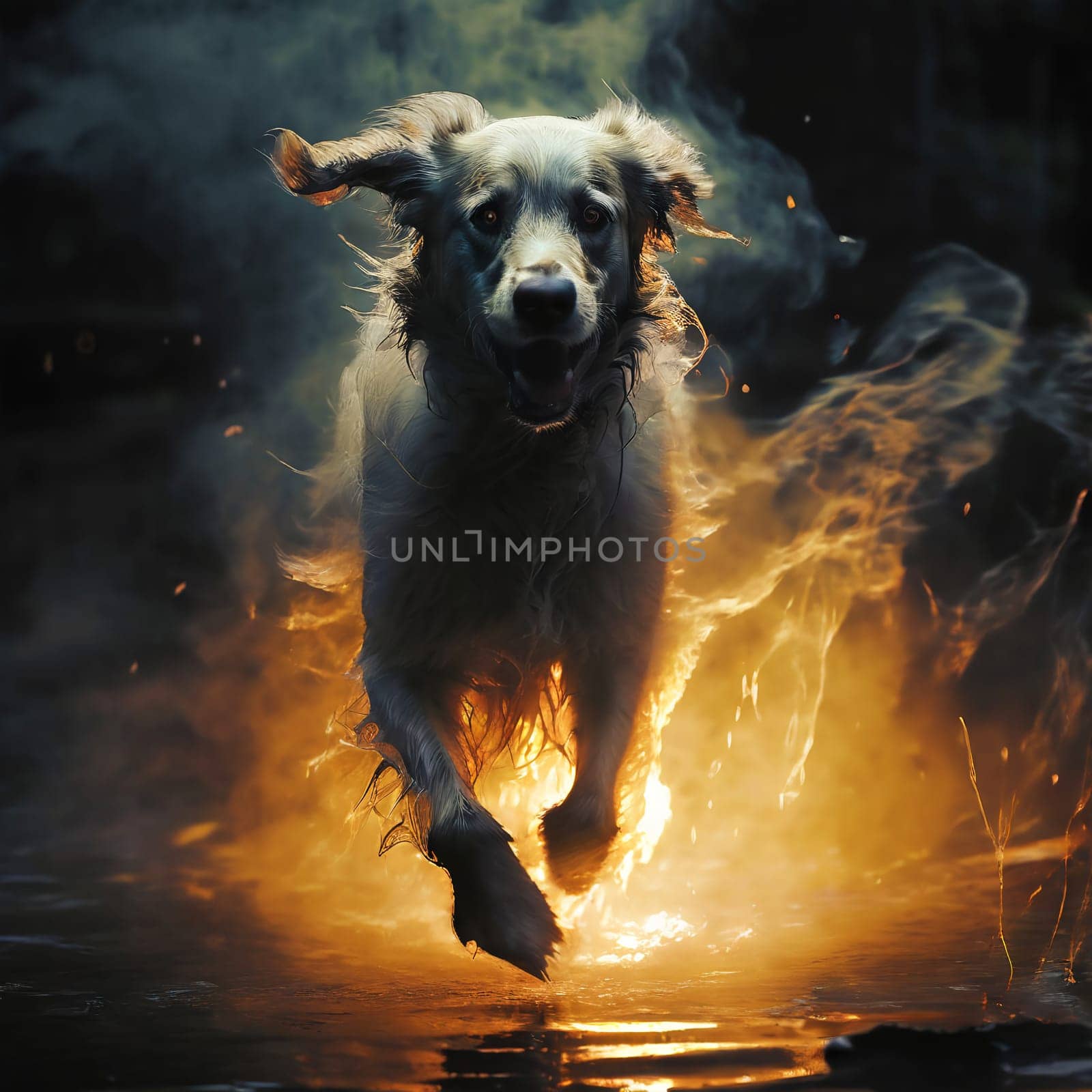 A ghostly white dog runs through the fire by VeronikaAngo