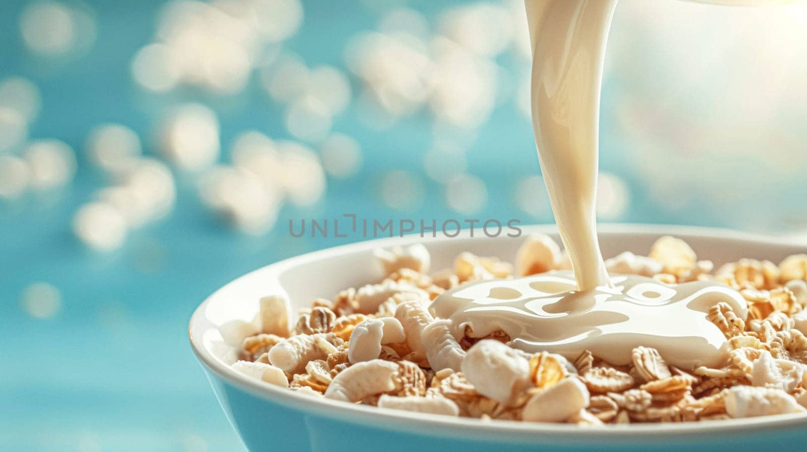 Pouring fresh milk into bowl of cereal on blue background on a sunny morning for breakfast