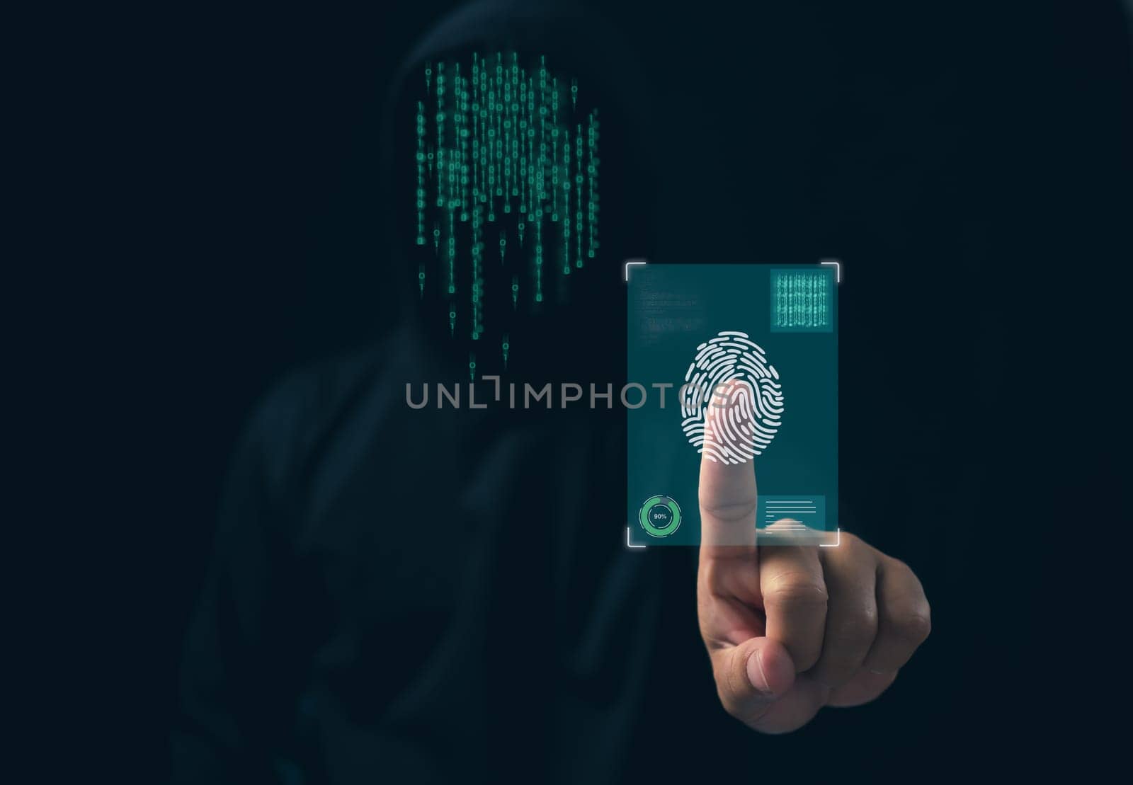 Hacker is scanning fingerprints in the dark. Concept of information security in internet networks and espionage. by Unimages2527