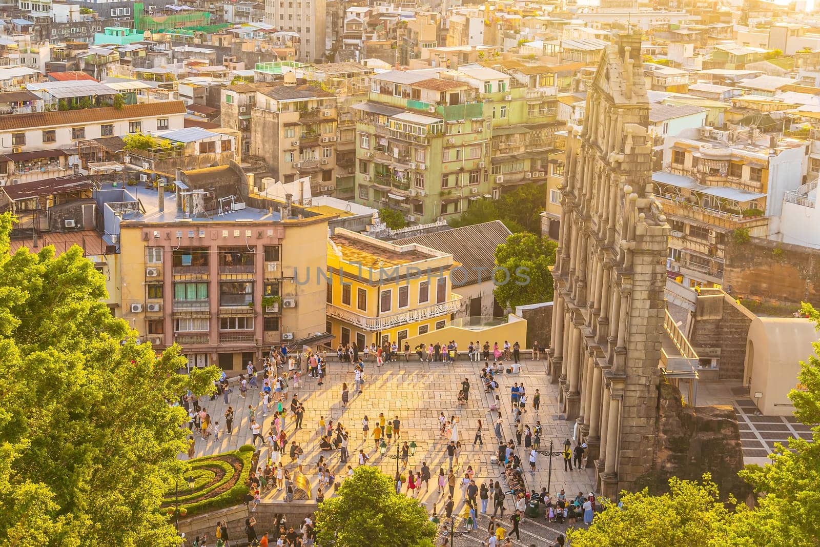 Ruins Of Saint Paul's Cathedral in downtown Macau from above at sunset