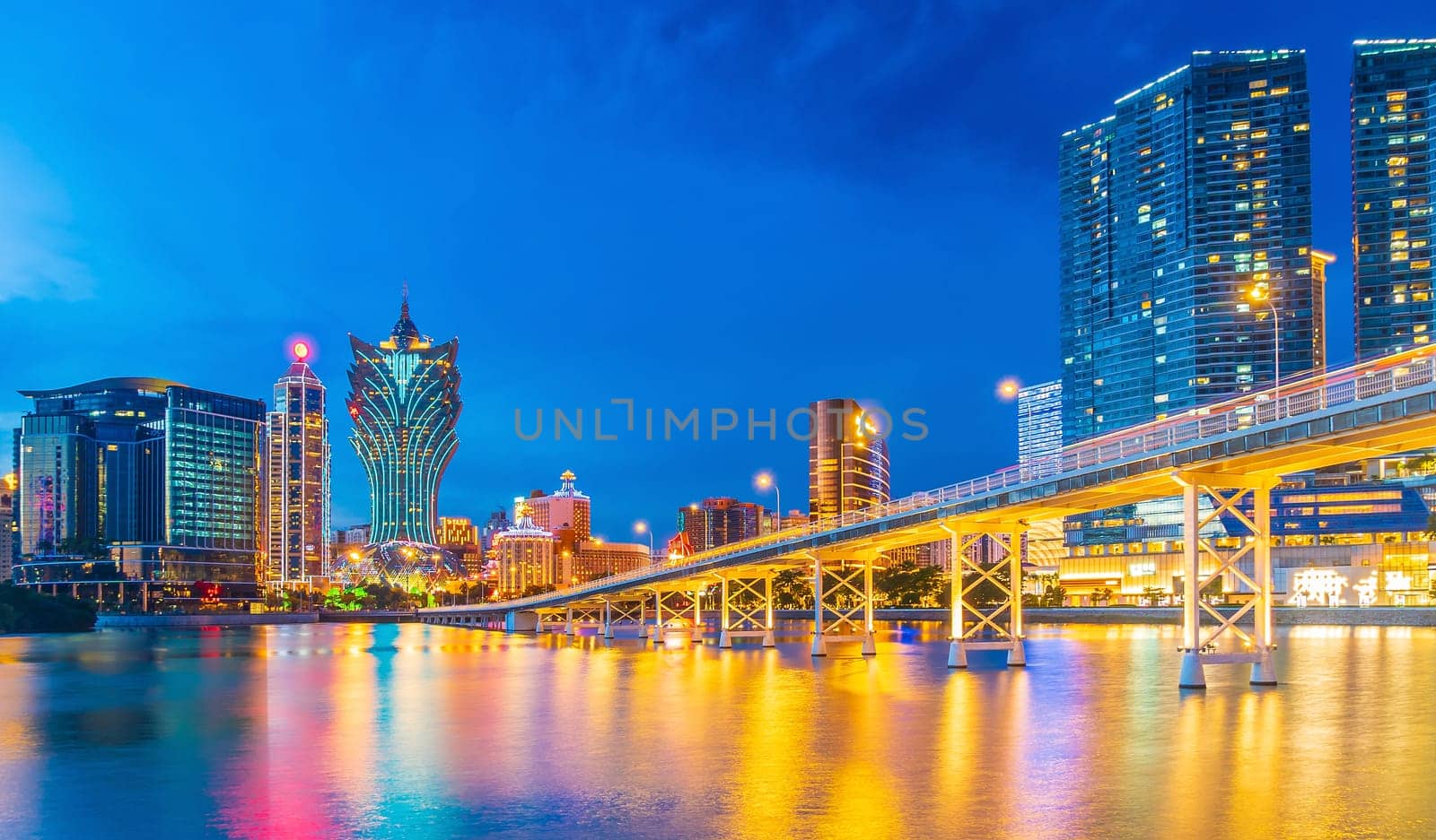 Macau, downtown city skyline, cityscape of China at sunset