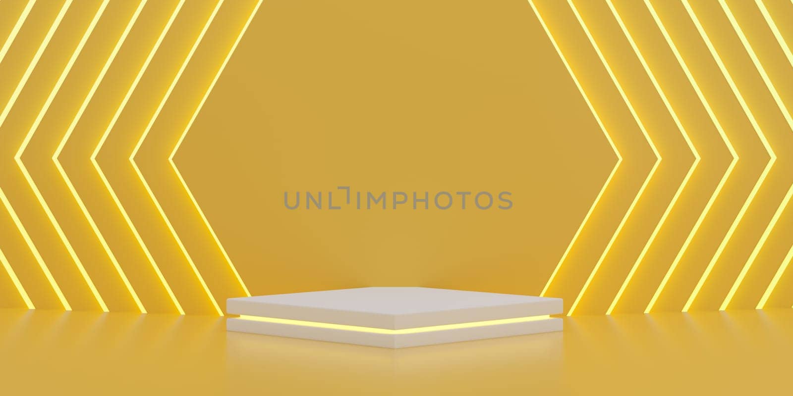 Yellow scene with empty podium with neon rings in the shape of hexagons. Scene for product showcase, promotional display and exhibition. Realistic, futuristic
