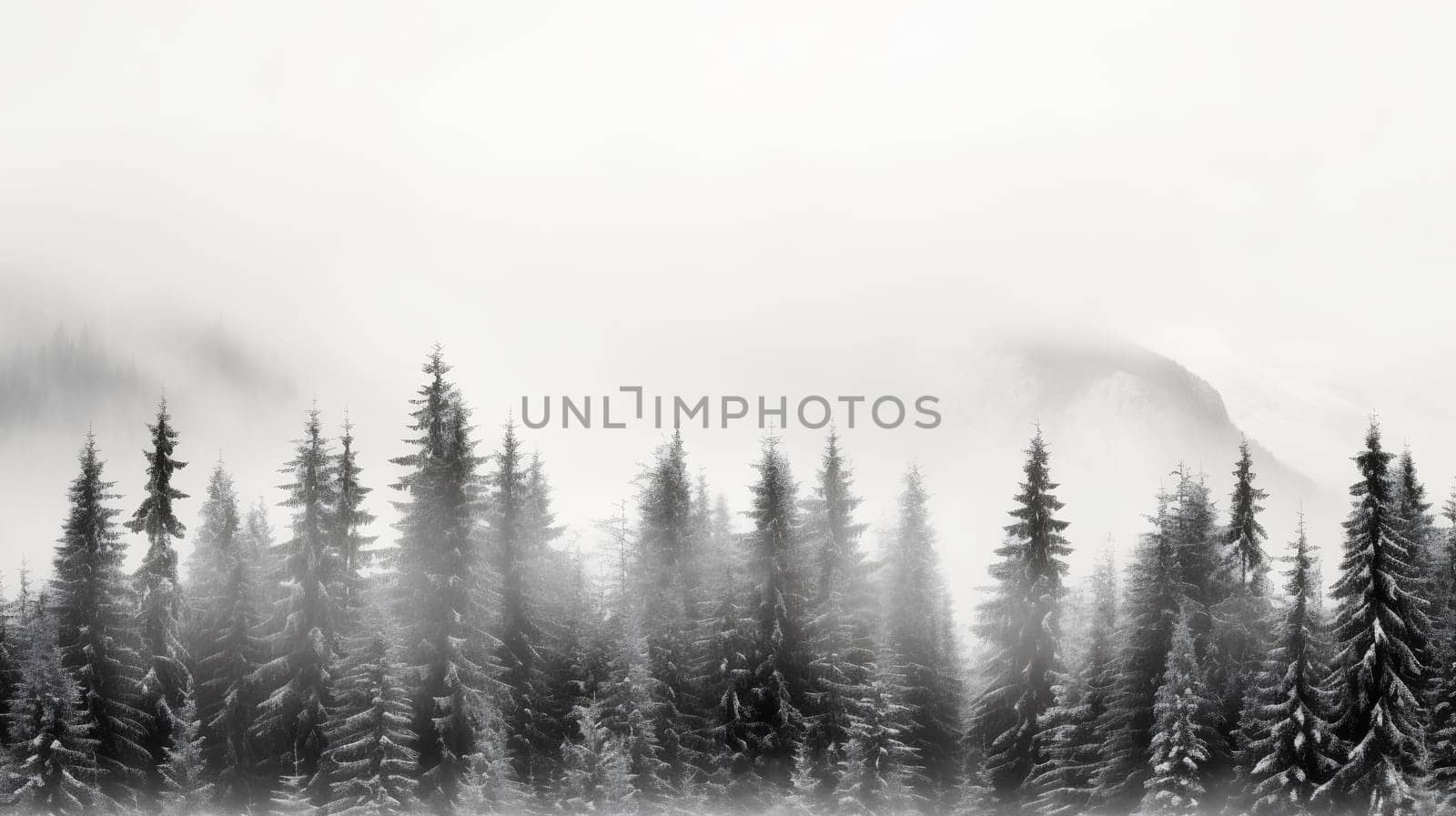 Layers of forested hills shrouded in morning mist present a serene, monochromatic view - Generative AI