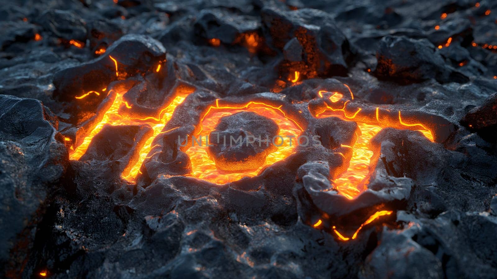 The word HOT glows with an intense orange hue, spelled out in the cracks of cooling lava, contrasting with darkened, solidified rock surfaces - Generative AI