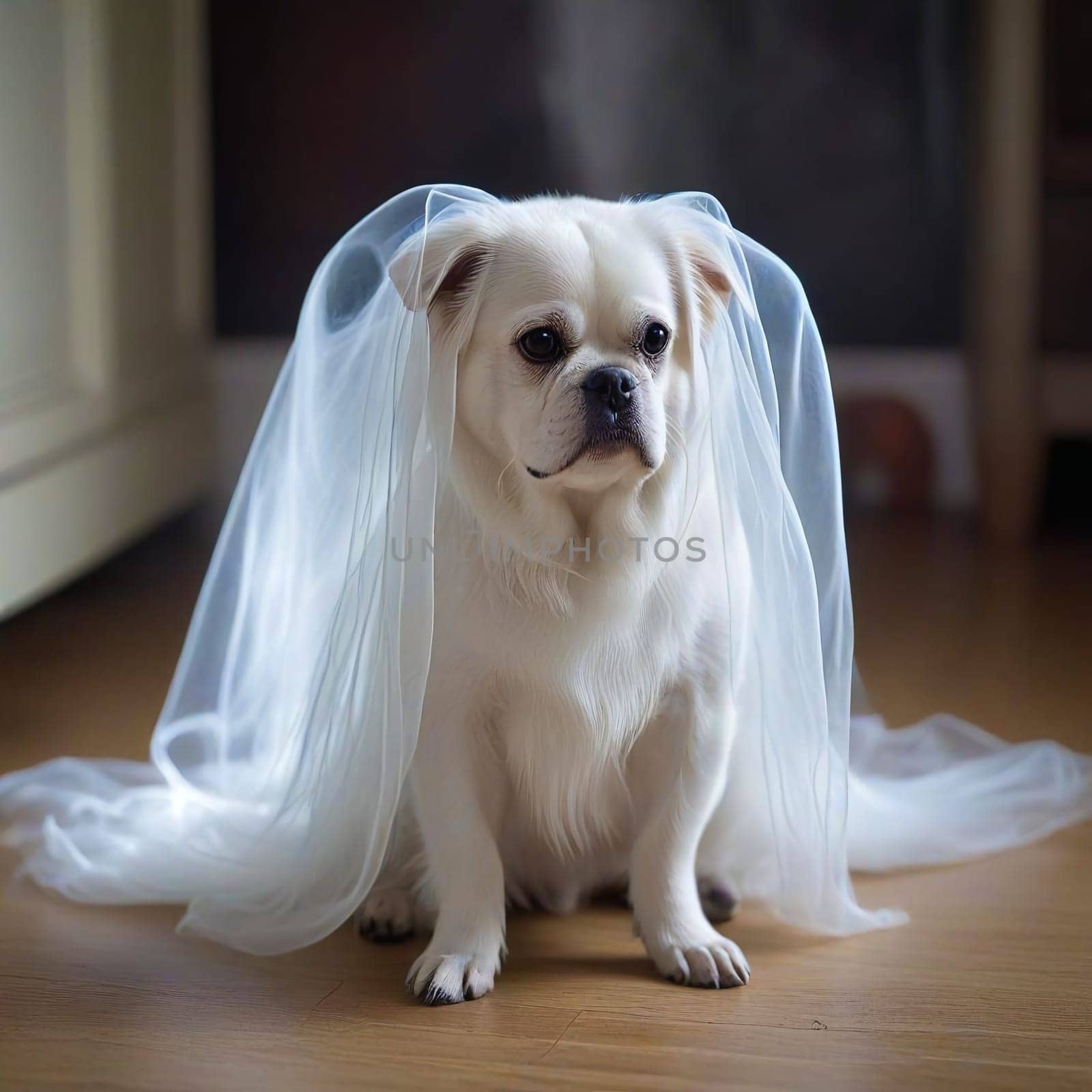 White Ghost Dog in Veil Sitting on Floor by VeronikaAngo