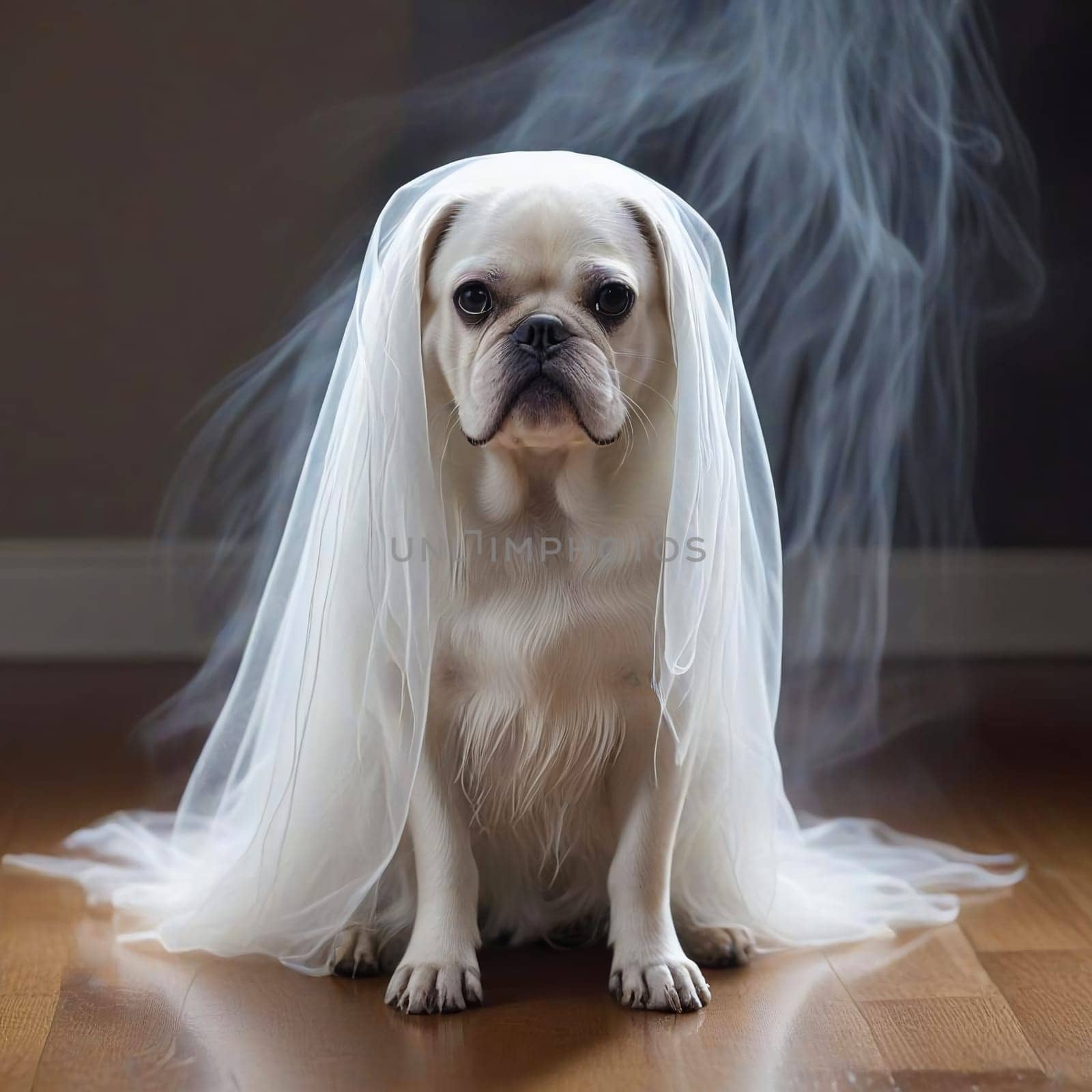 White Ghost Dog in Veil Sitting on Floor. High quality photo